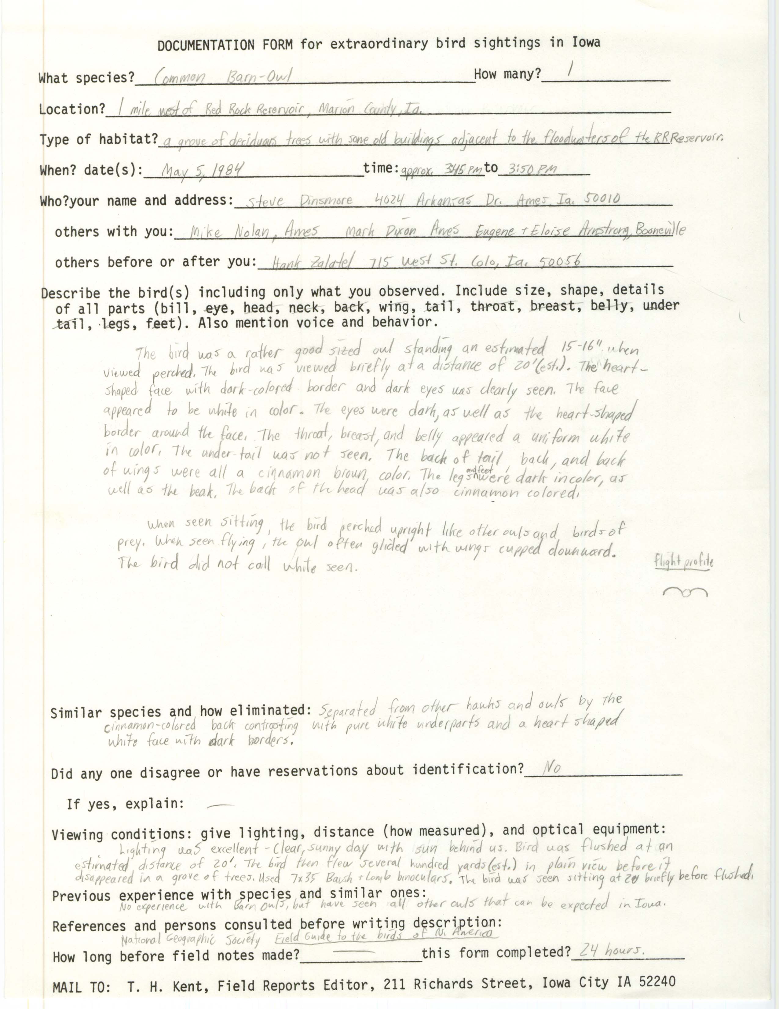 Rare bird documentation form for Common Barn Owl west of Red Rock Reservoir, 1984