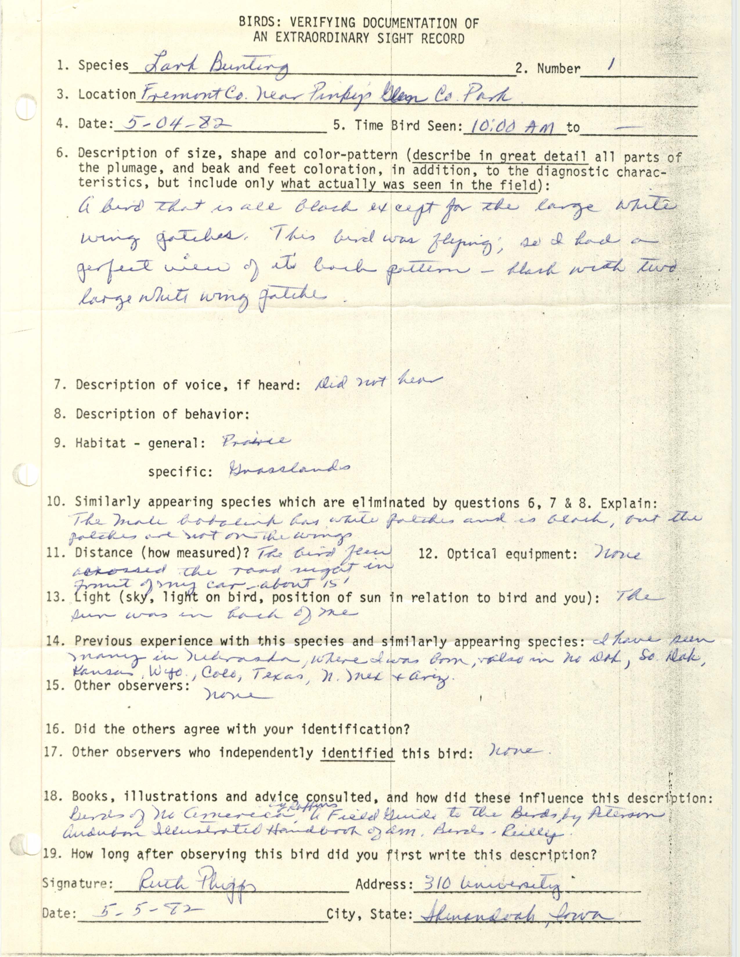 Rare bird documentation form for Lark Bunting near Pinky's Glen, 1982