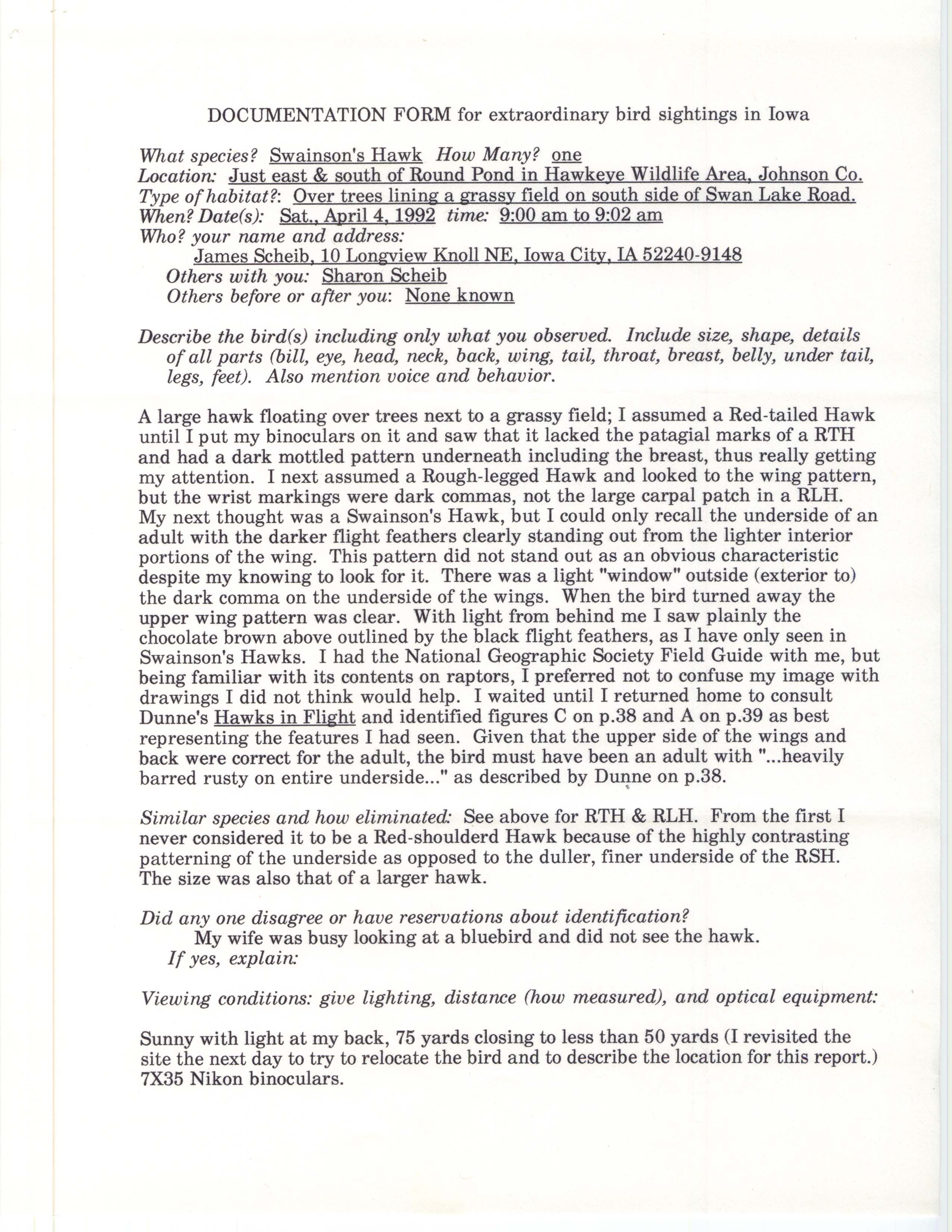 Rare bird documentation form for Swainson's Hawk at Hawkeye Wildlife Area, 1992