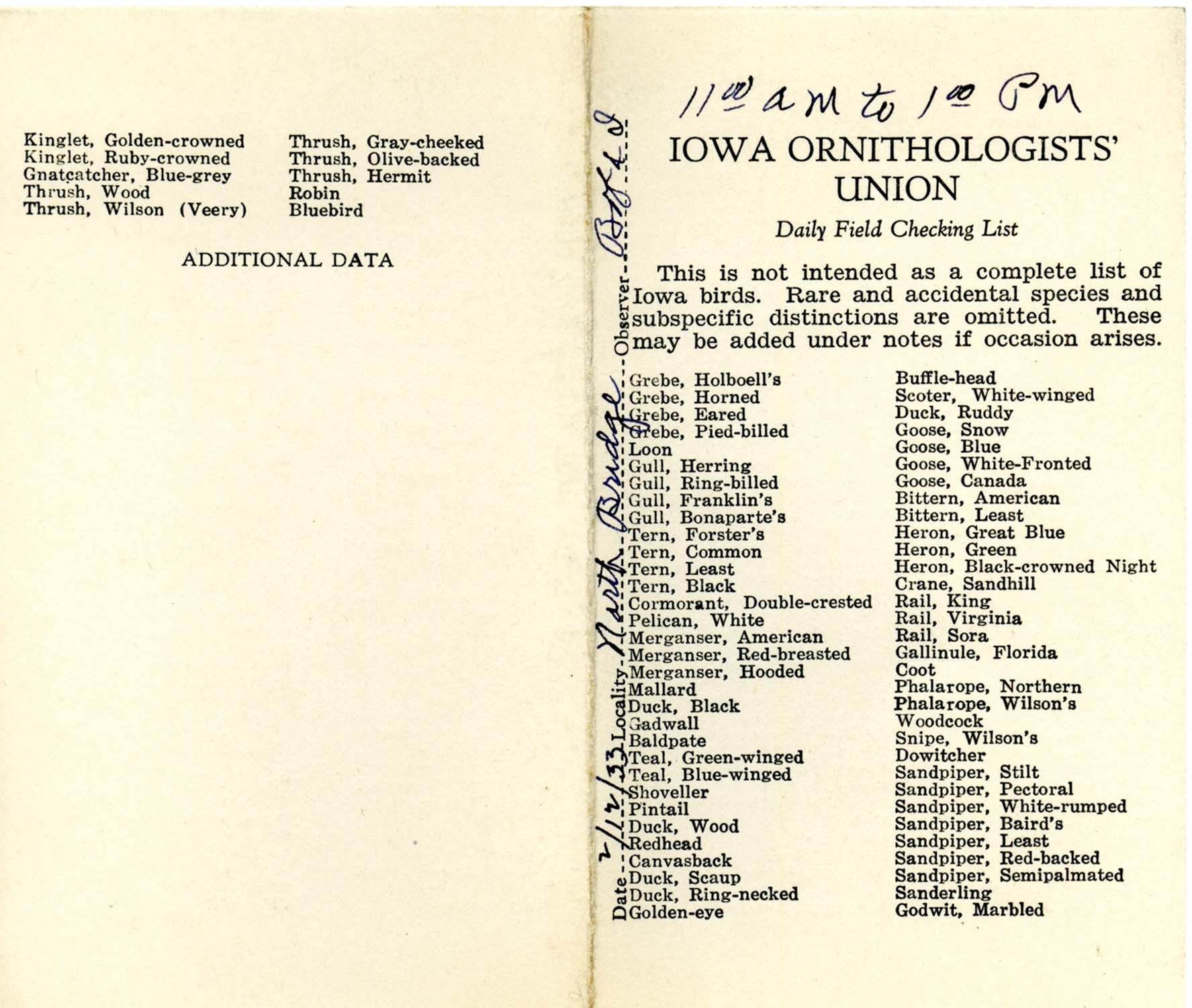 Daily field checking list, Walter Rosene, February 12, 1933