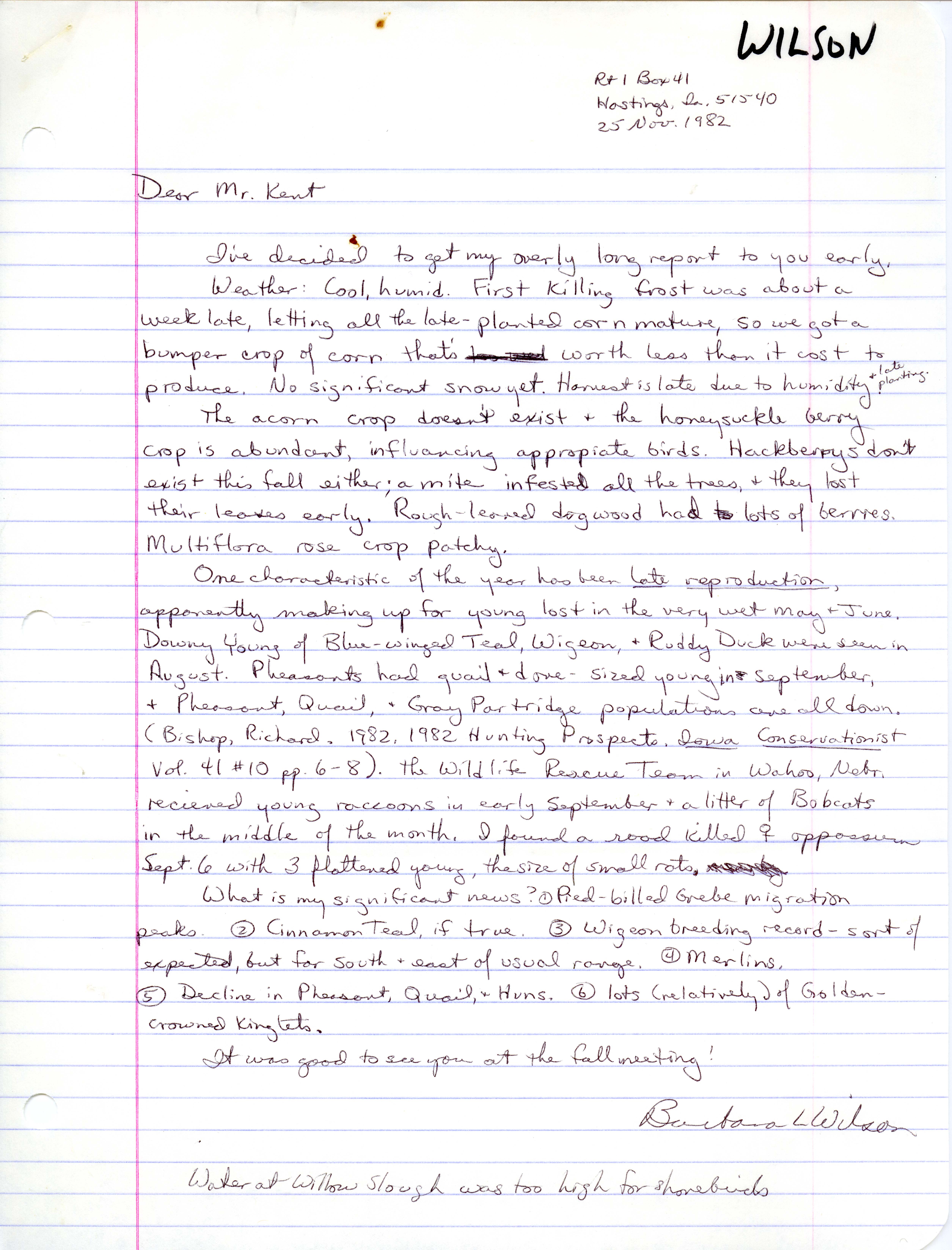 Barbara L. Wilson letter to Thomas H. Kent regarding field notes, November 25, 1982