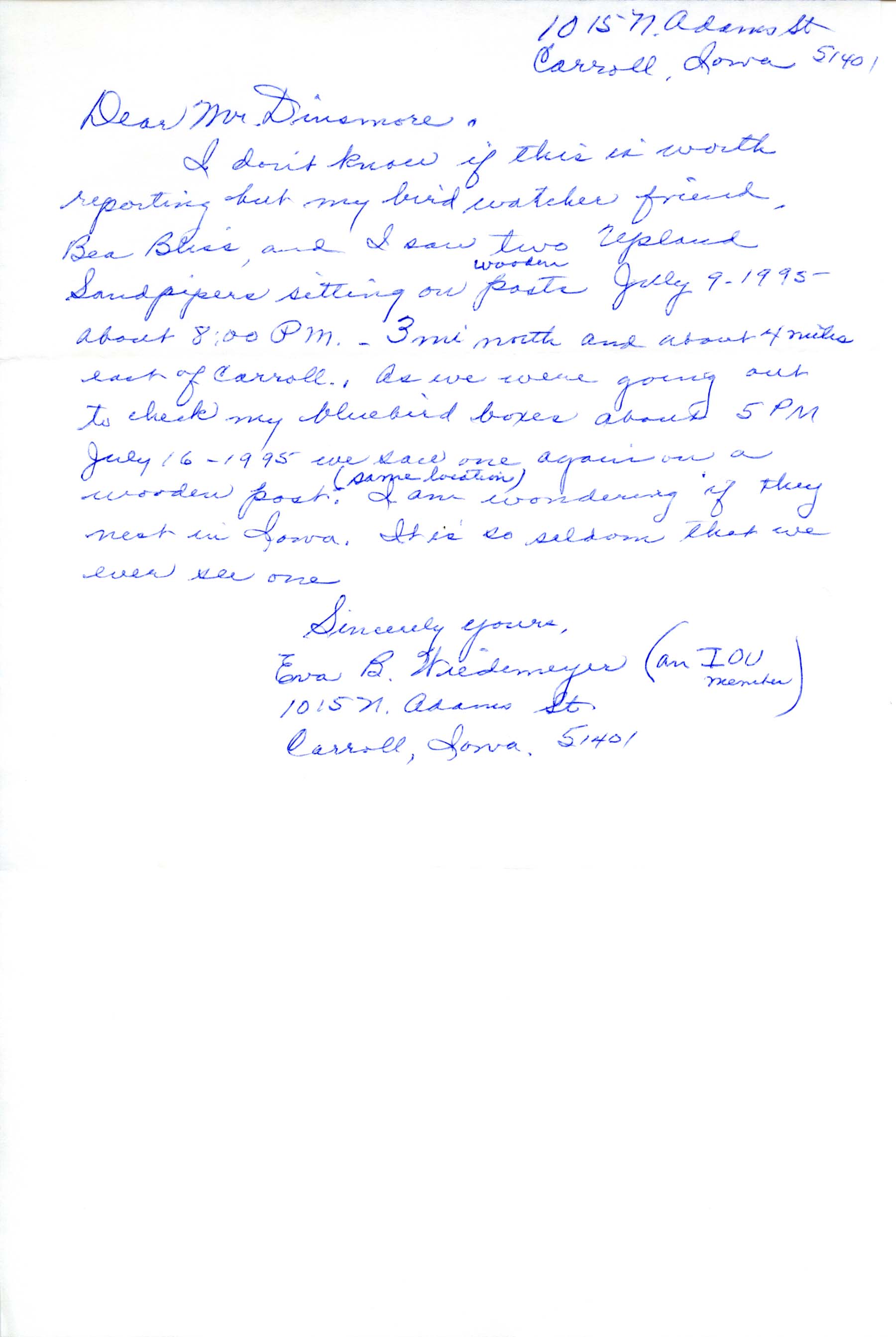Eva Wiedemeyer letter to Jim Dinsmore regarding Upland Sandpiper sighting, summer 1995