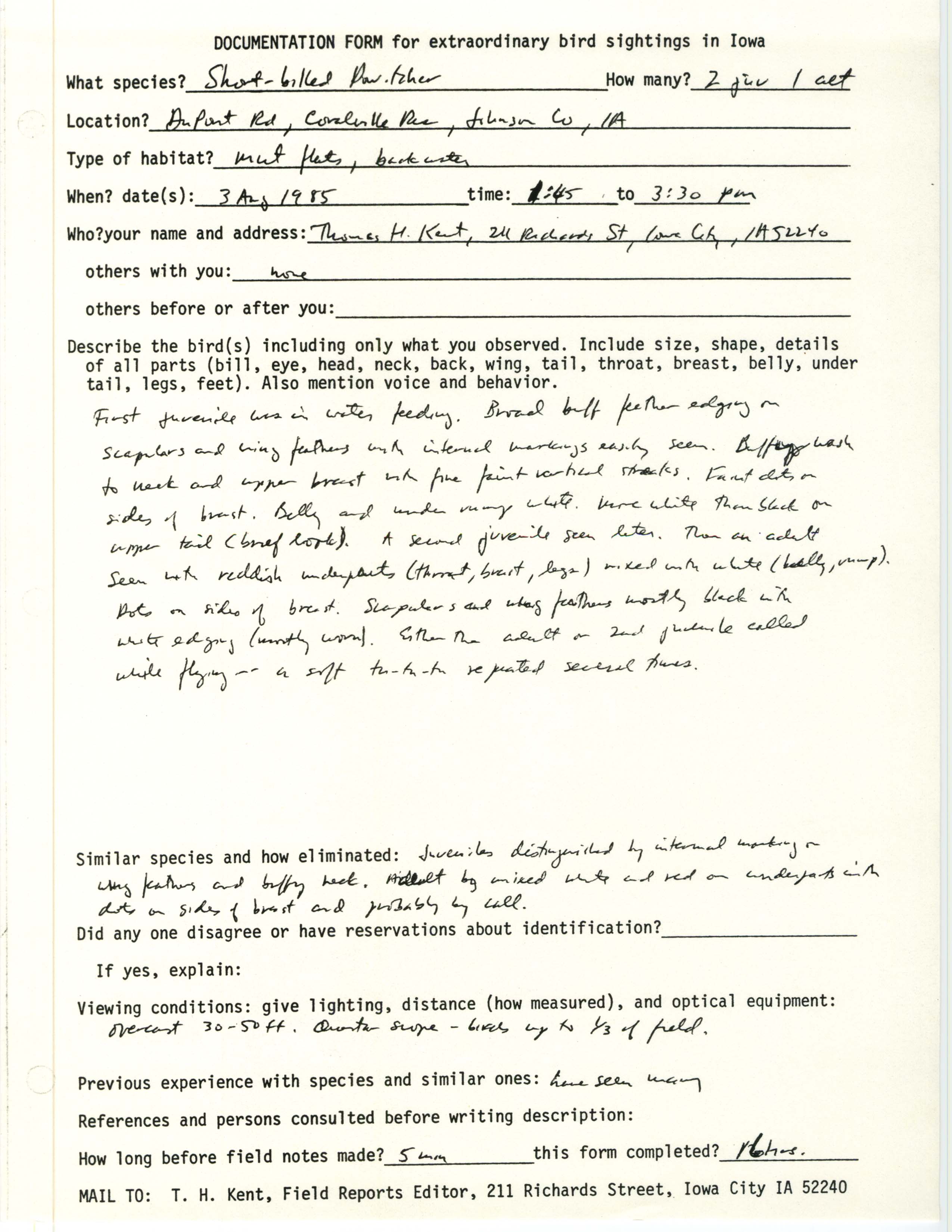 Rare bird documentation form for Short-billed Dowitcher at Coralville Reservoir, 1985
