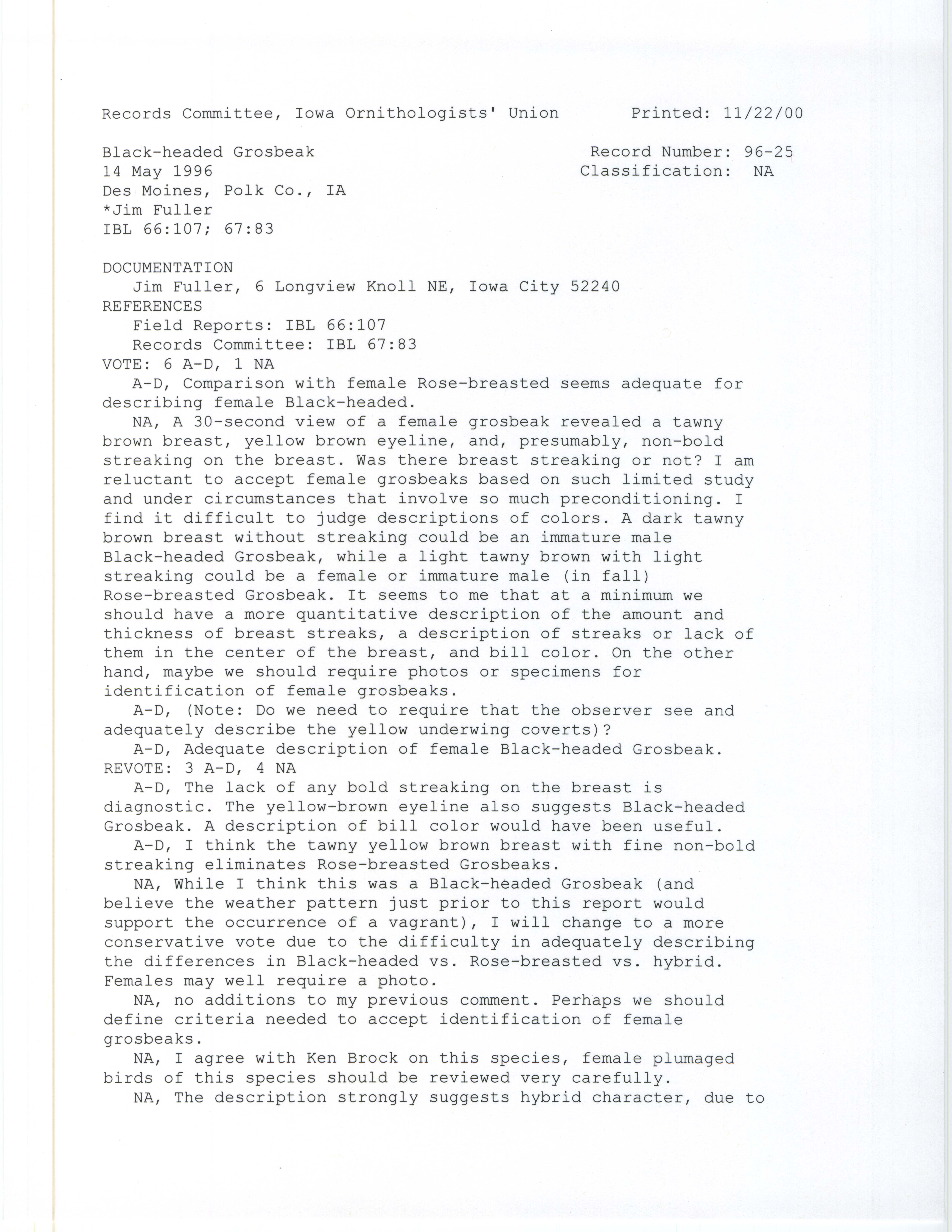 Records Committee review for rare bird sighting for Black-headed Grosbeak at Des Moines, 1996