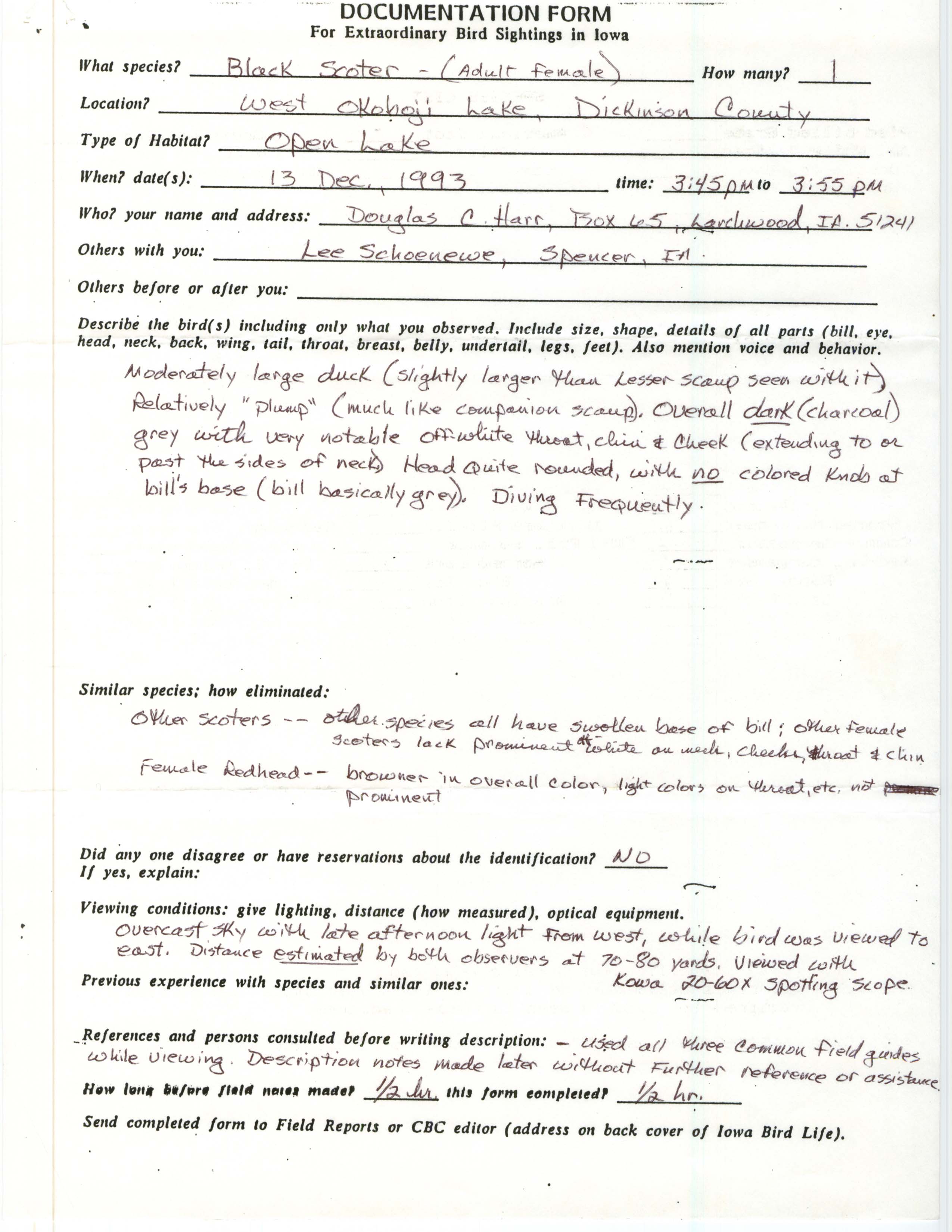 Rare bird documentation form for Black Scoter at West Okoboji, 1993