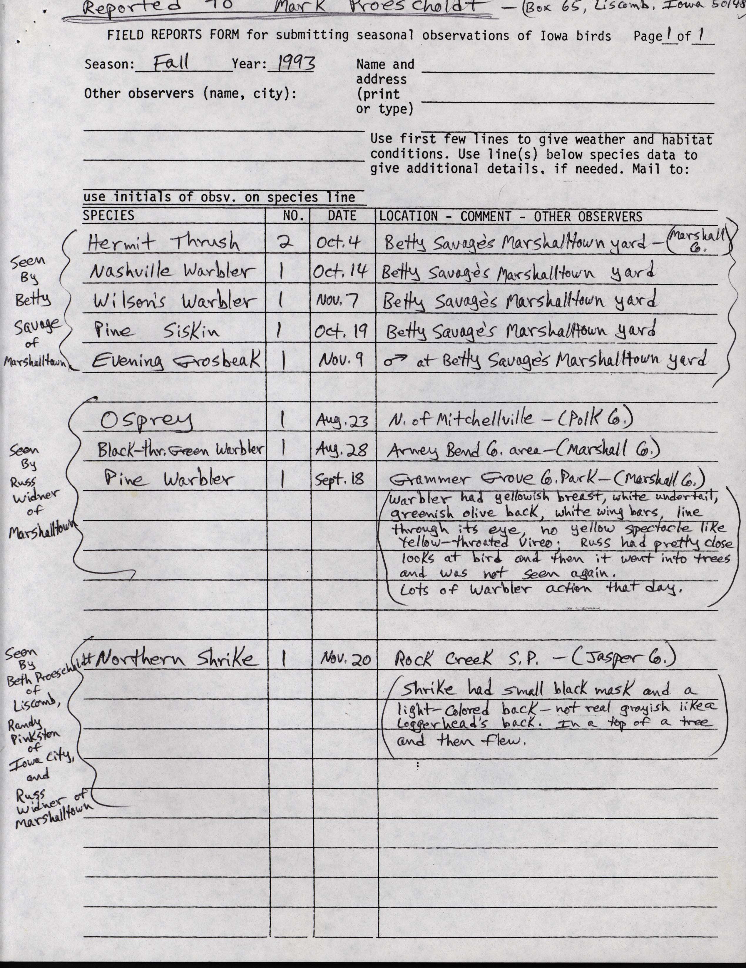 Field reports form for submitting seasonal observations of Iowa birds, reported to Mark Proescholdt, fall 1993