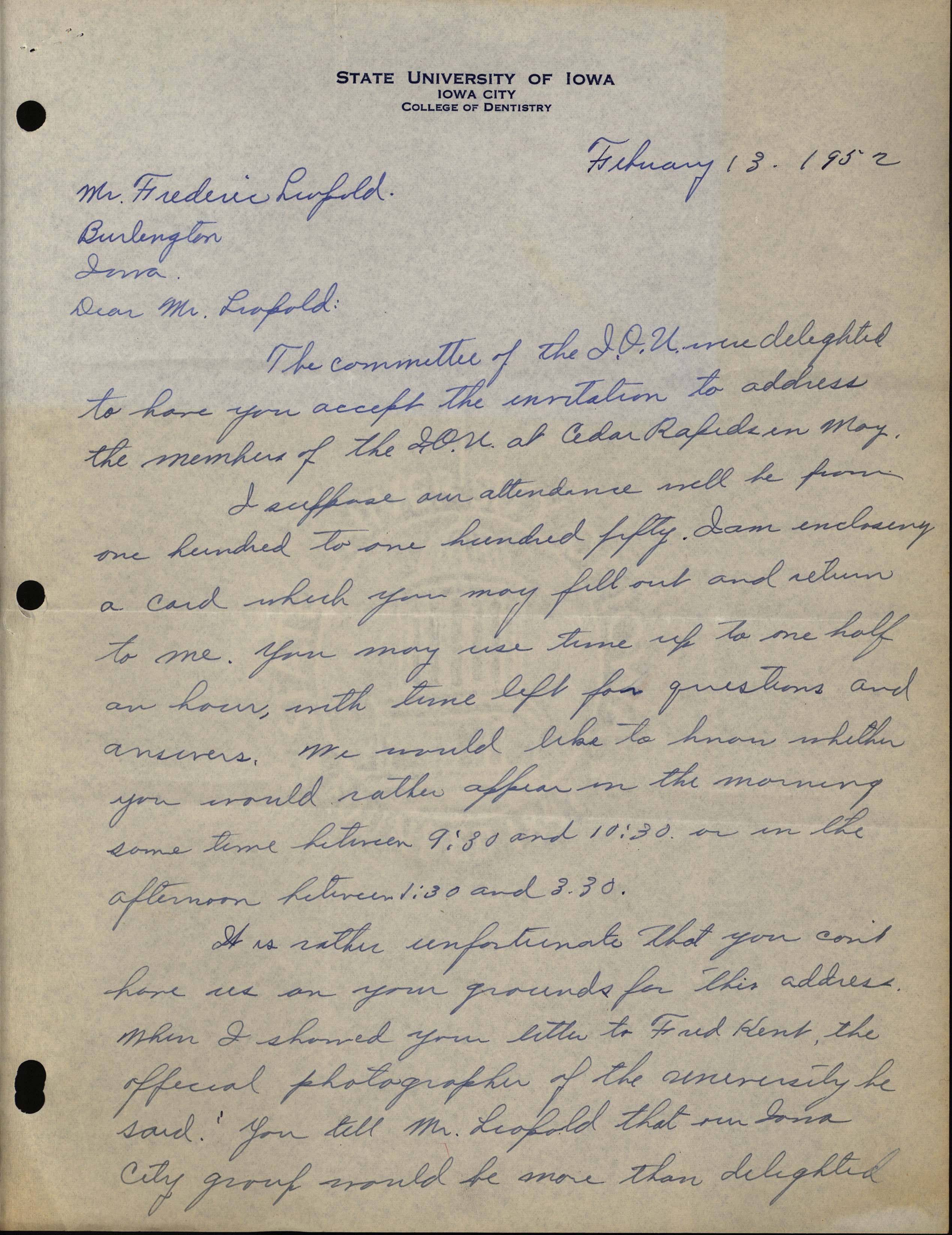 Peter P. Laude letter to Frederic Leopold regarding the acceptance of the invitation to speak at the Iowa Ornithologists' Union convention, February 13, 1952
