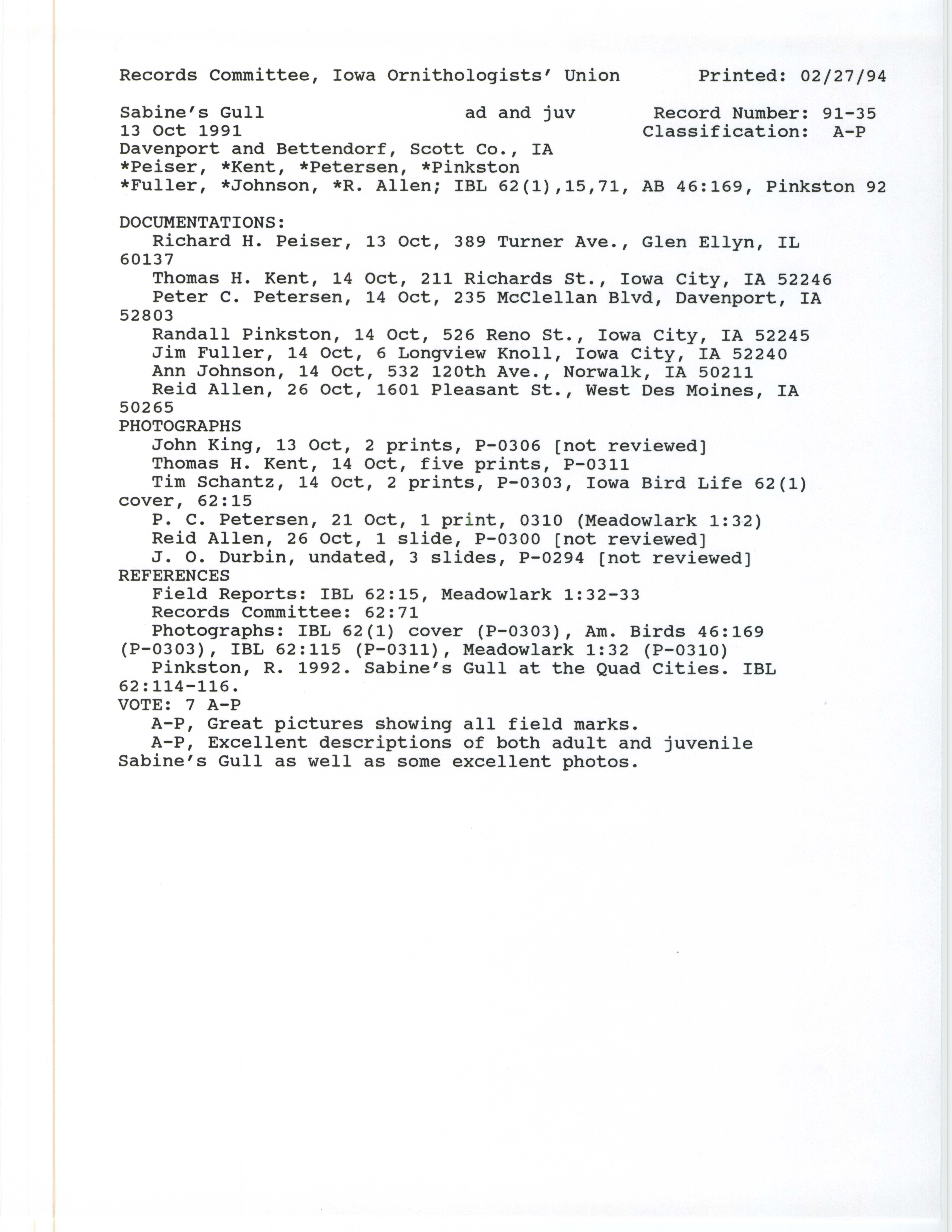 Records Committee review for rare bird sighting of Sabine's Gull at the riverfront of Davenport, 1991