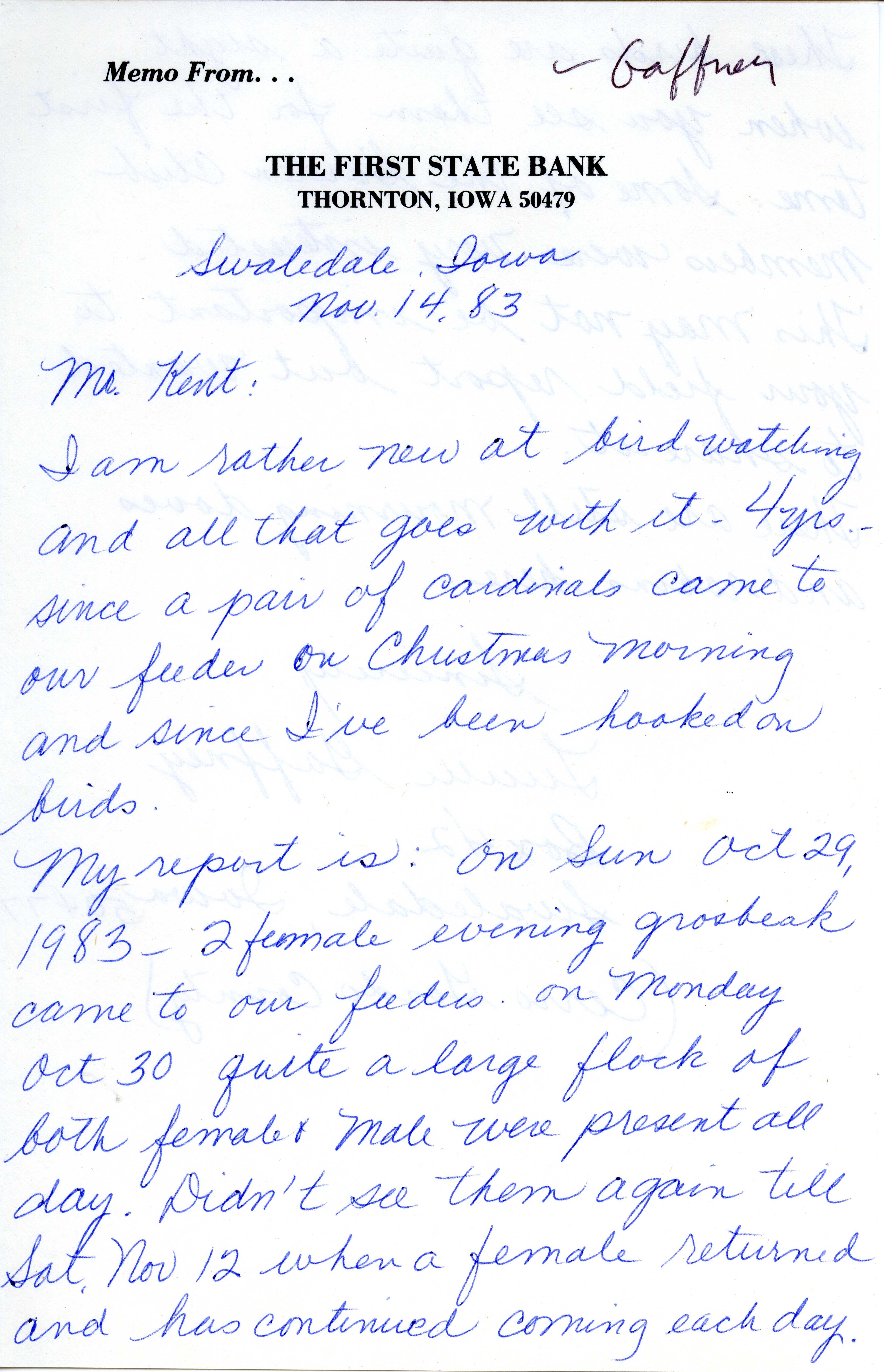 Lucille Gaffney letter to Thomas Kent regarding Evening Grosbeak sightings, November 14, 1983