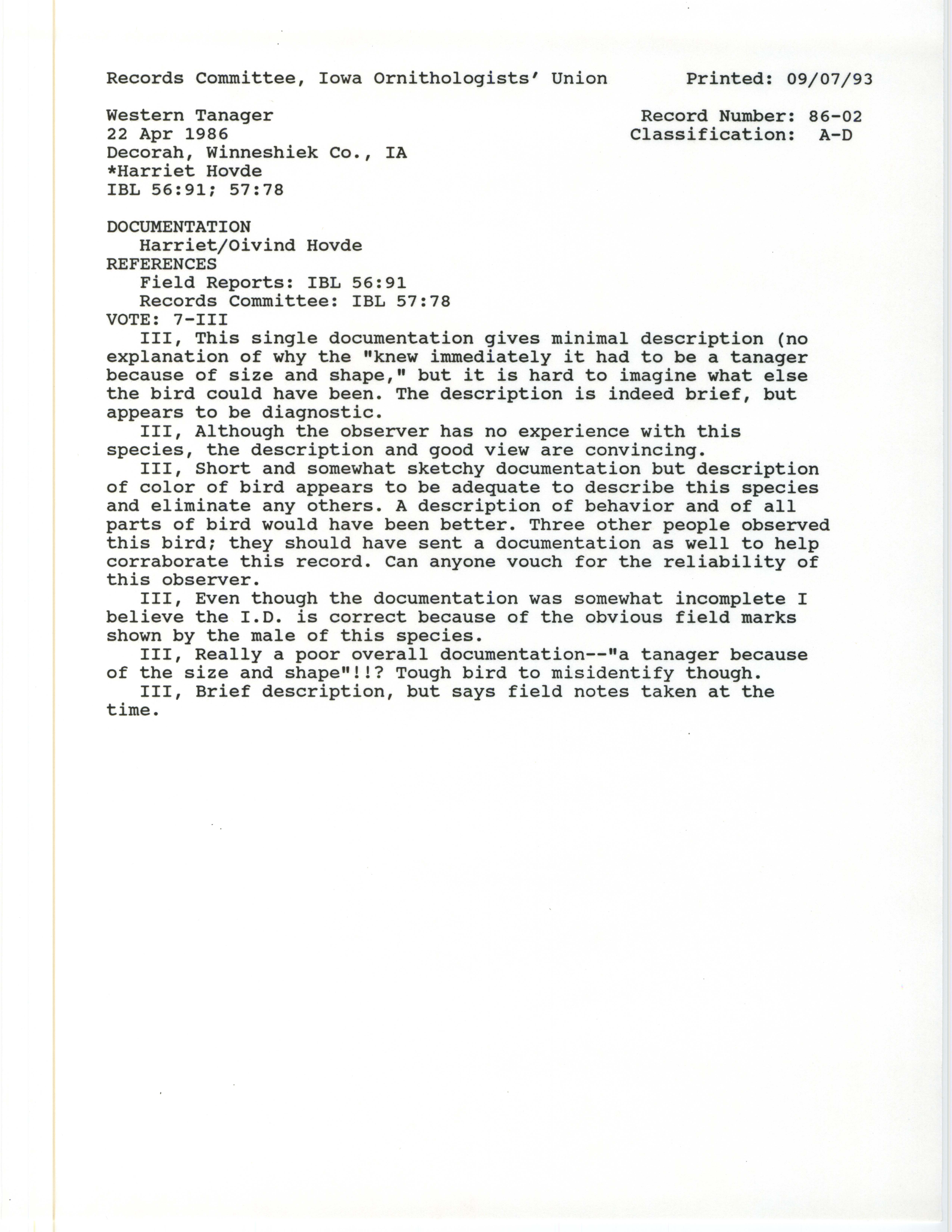 Records Committee review for rare bird sighting for Western Tanager at Decorah, 1986