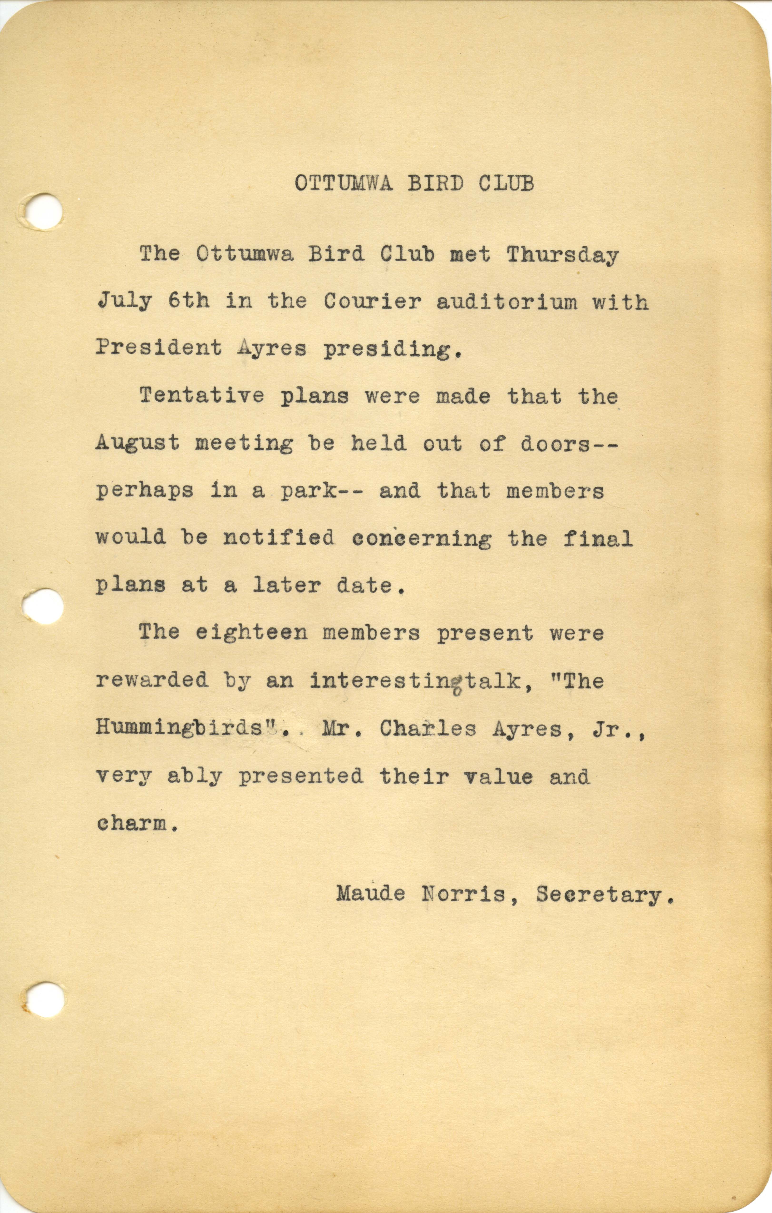  Ottumwa Bird Club meeting minutes, July 6, 1944