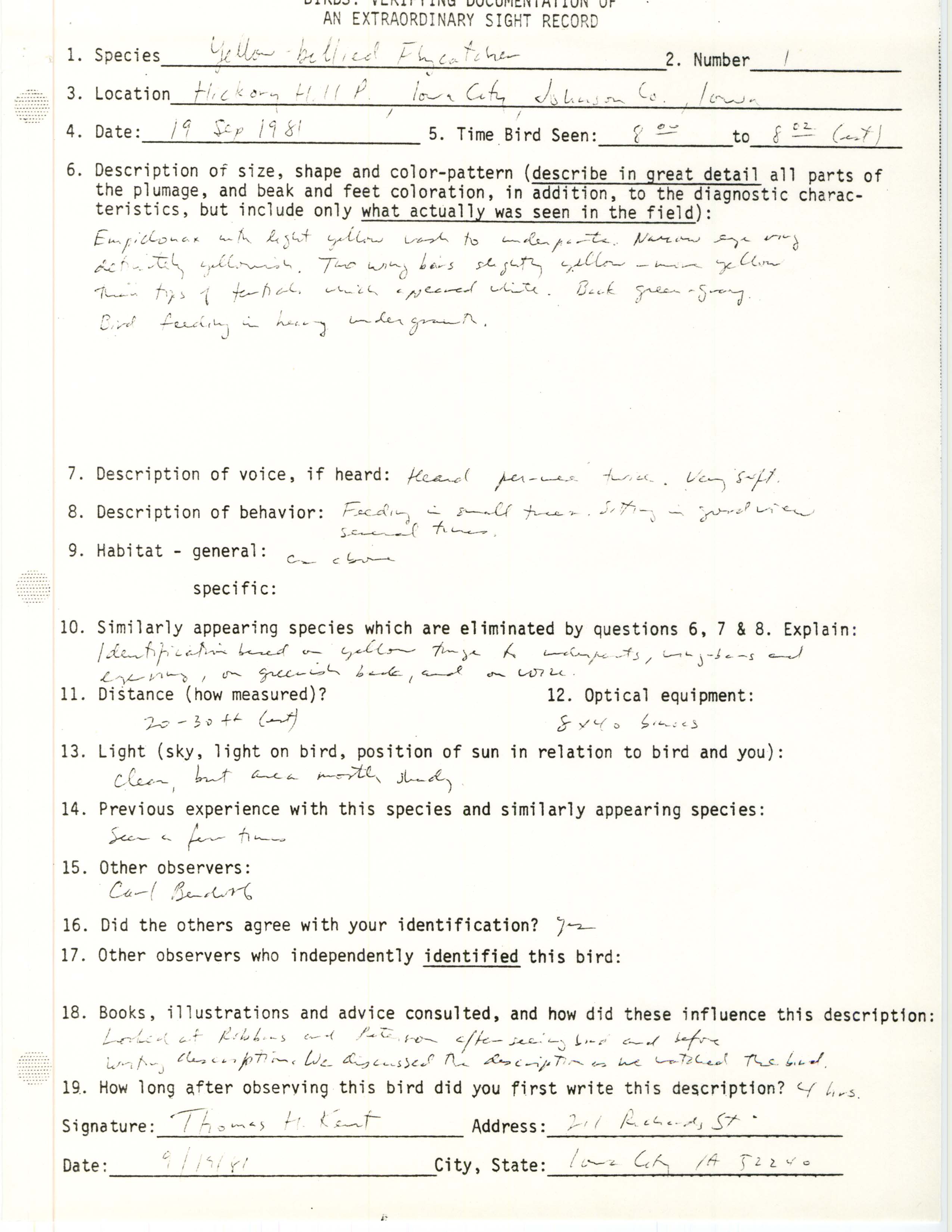 Rare bird documentation form for Yellow-bellied Flycatcher at Hickory Hill Park in 1981