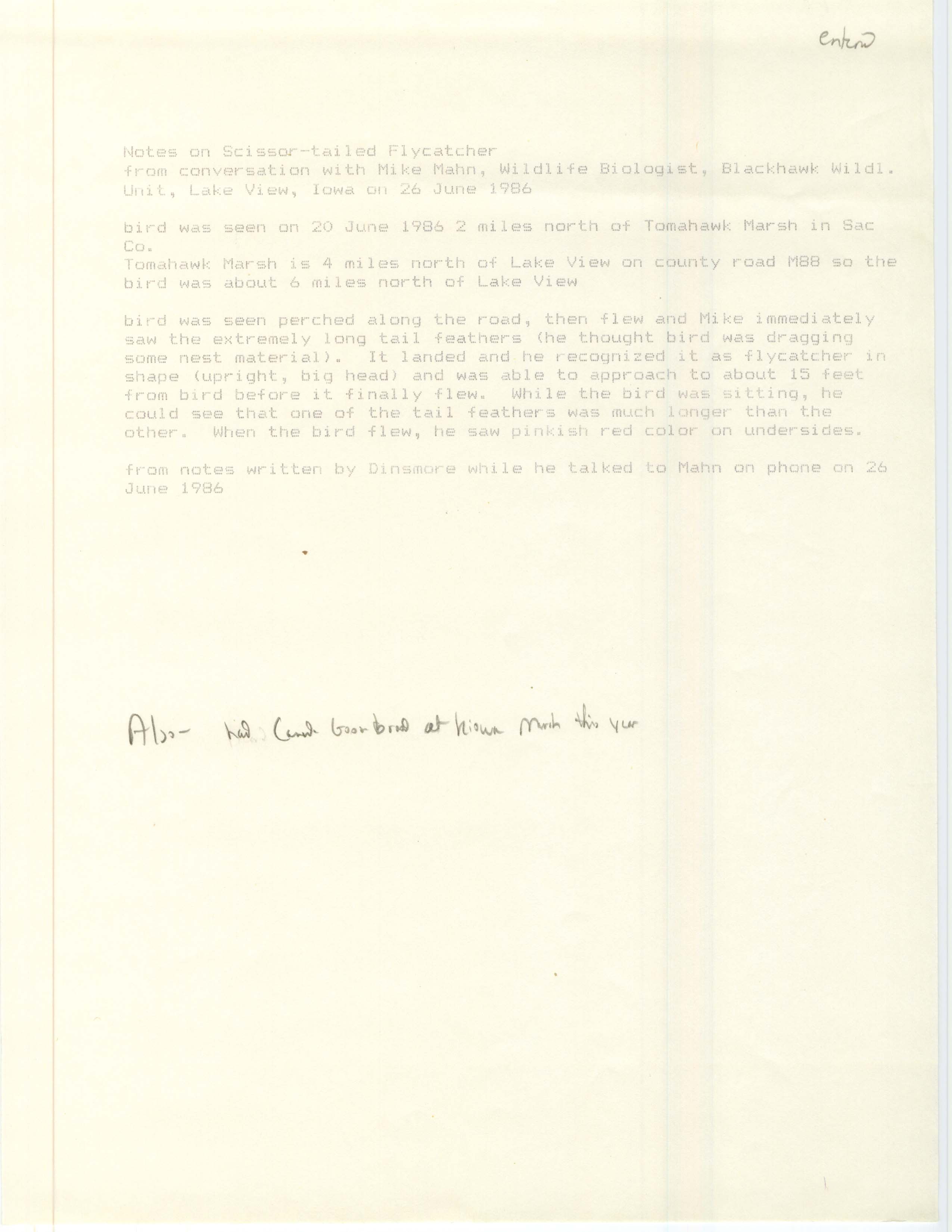 Notes on Scissor-tailed Flycatcher, June 26, 1986