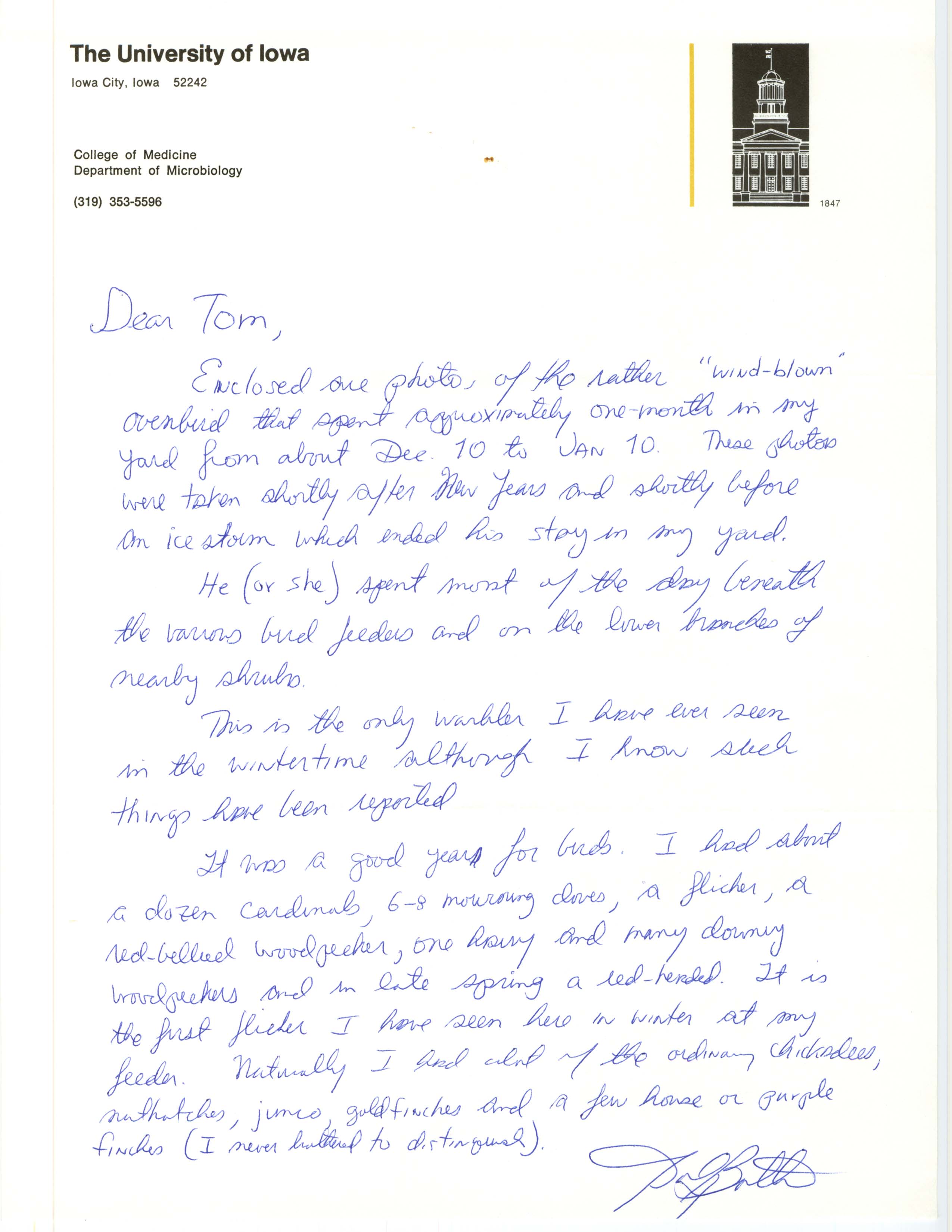 John Bath letter to Thomas Kent regarding an Ovenbird sighting and birding in general, unknown date