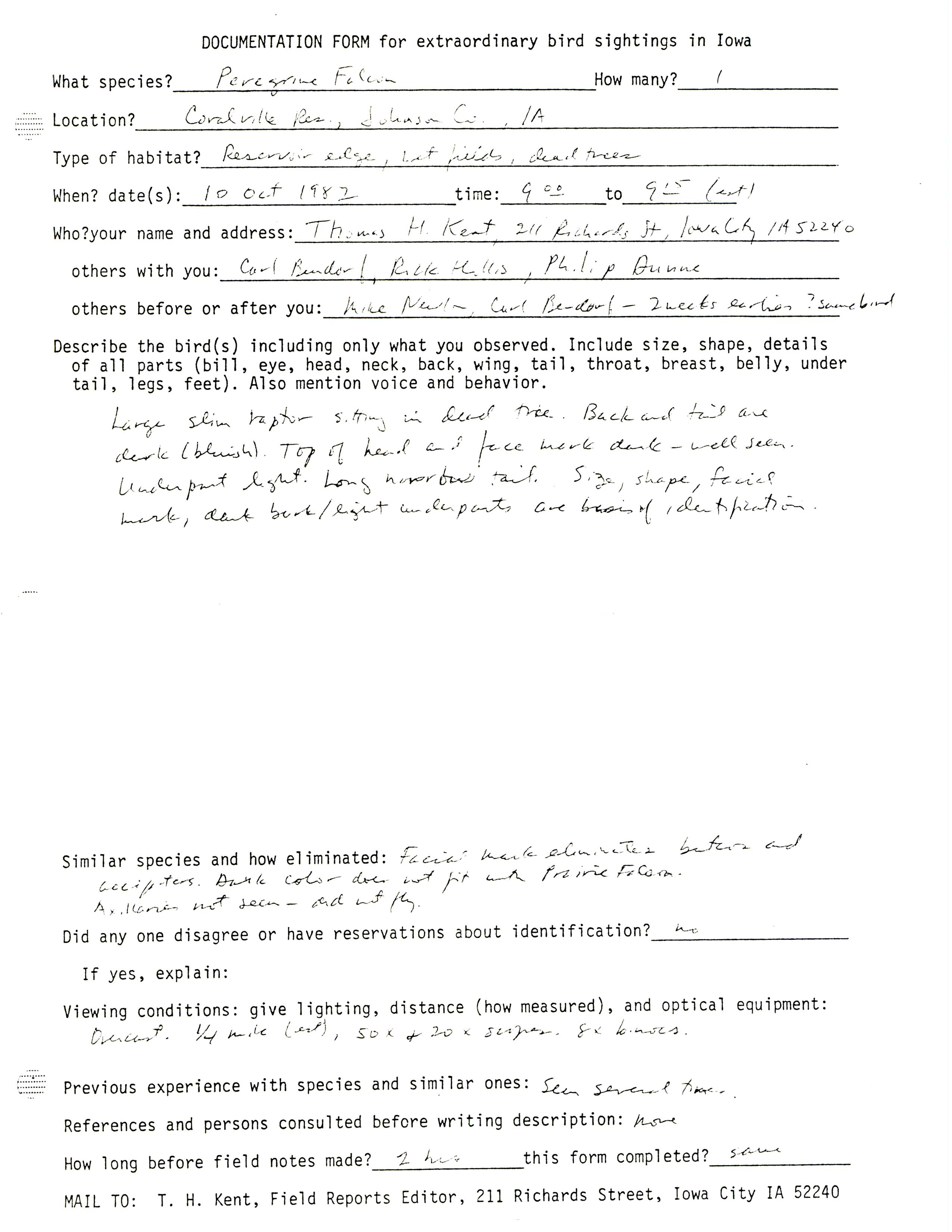 Rare bird documentation form for Peregrine Falcon at Coralville Reservoir, 1982