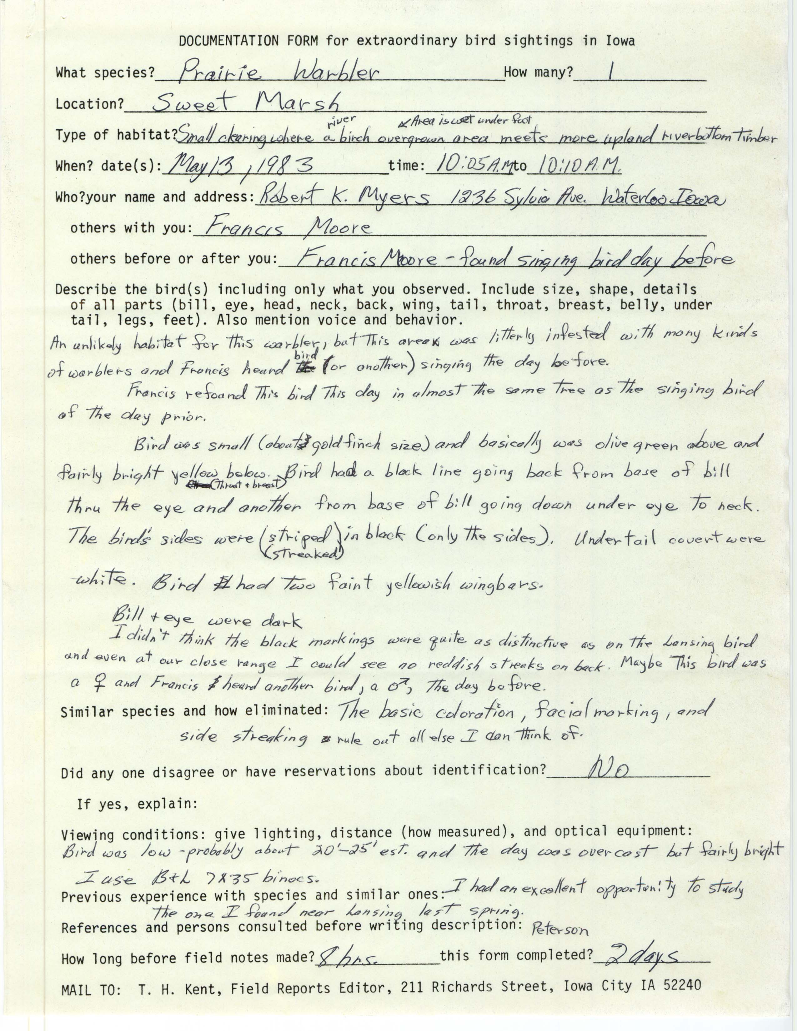 Rare bird documentation form for Prairie Warbler at Sweet Marsh, 1983