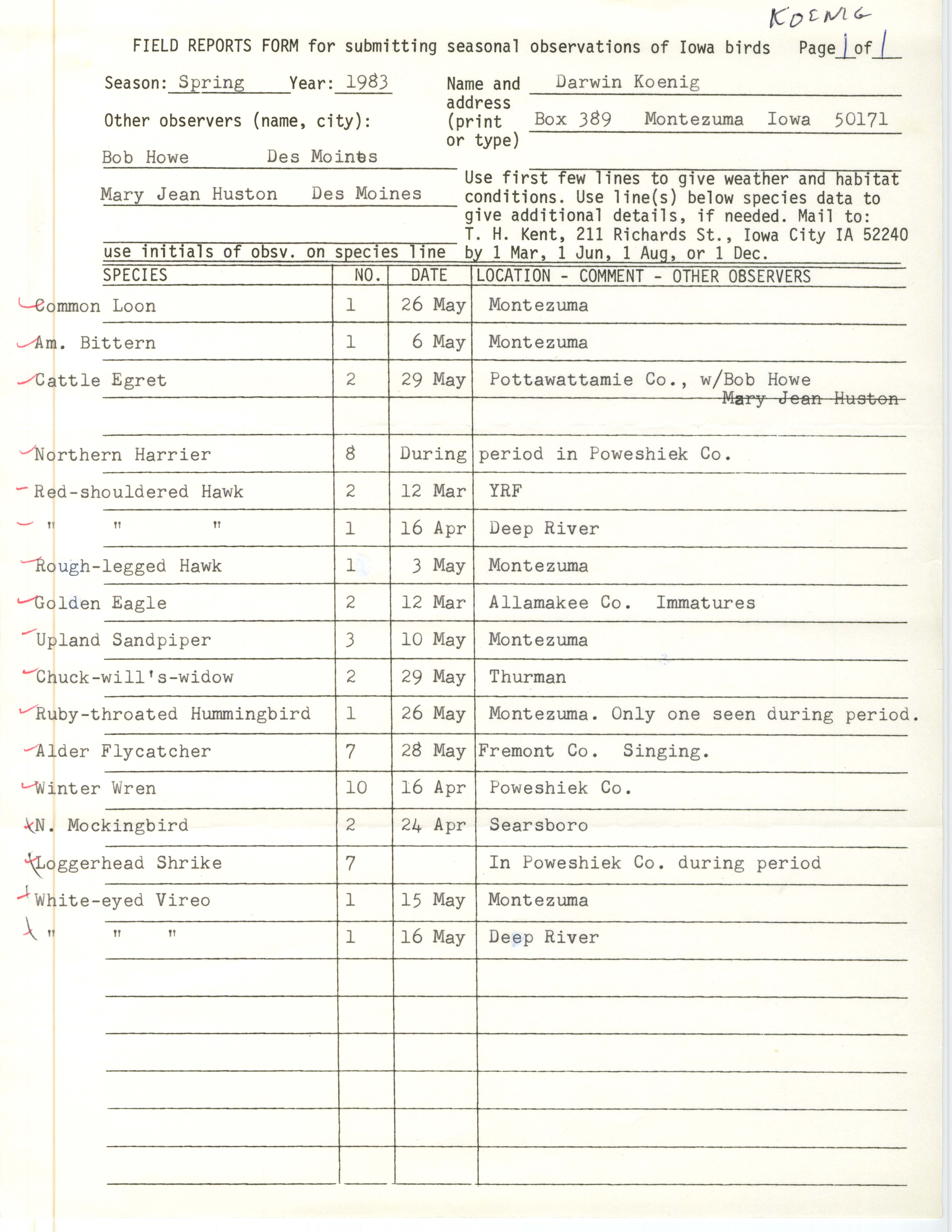 Field reports form for submitting seasonal observations of Iowa birds,  Darwin Koenig, spring 1983