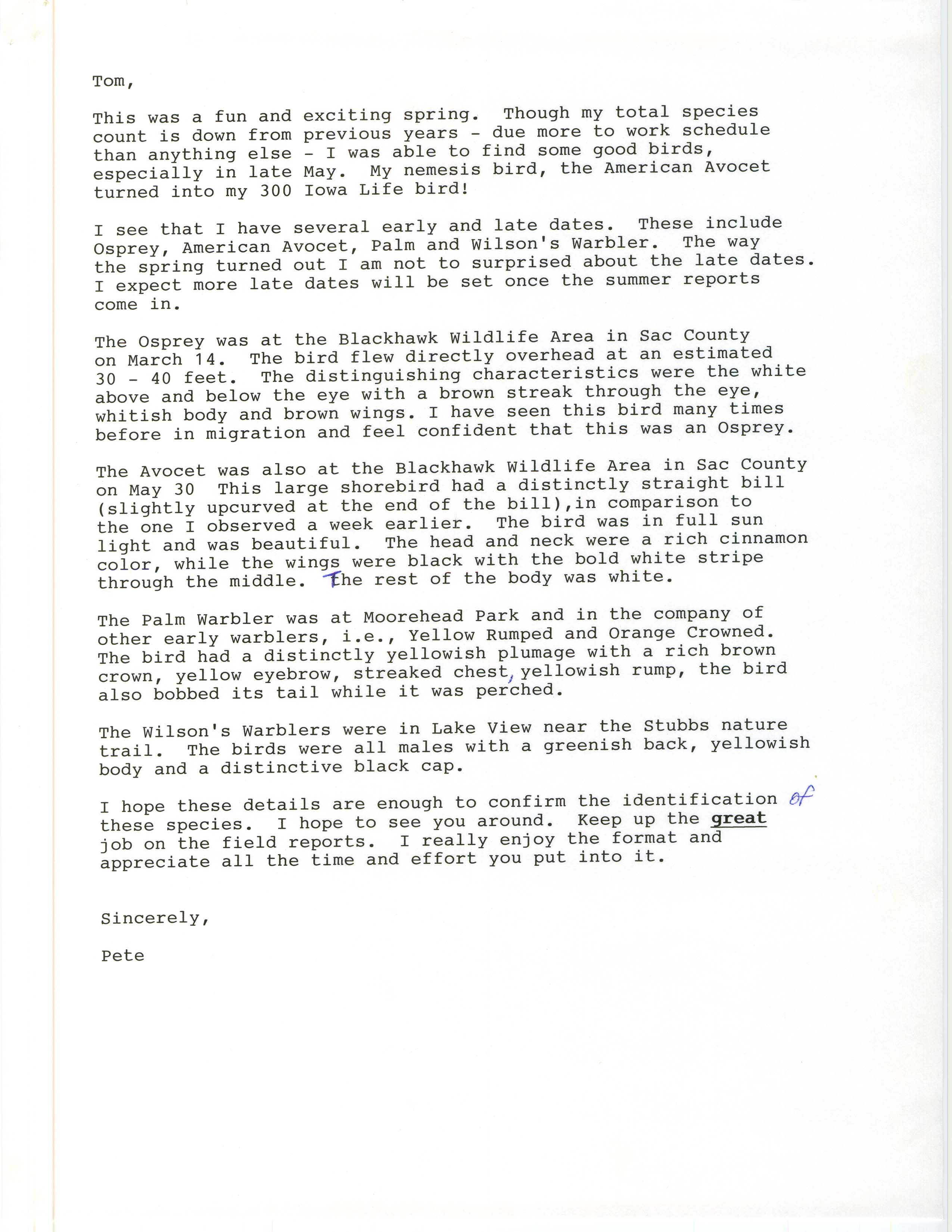 Field notes and Peter Ernzen letter to Thomas H. Kent, spring 1997