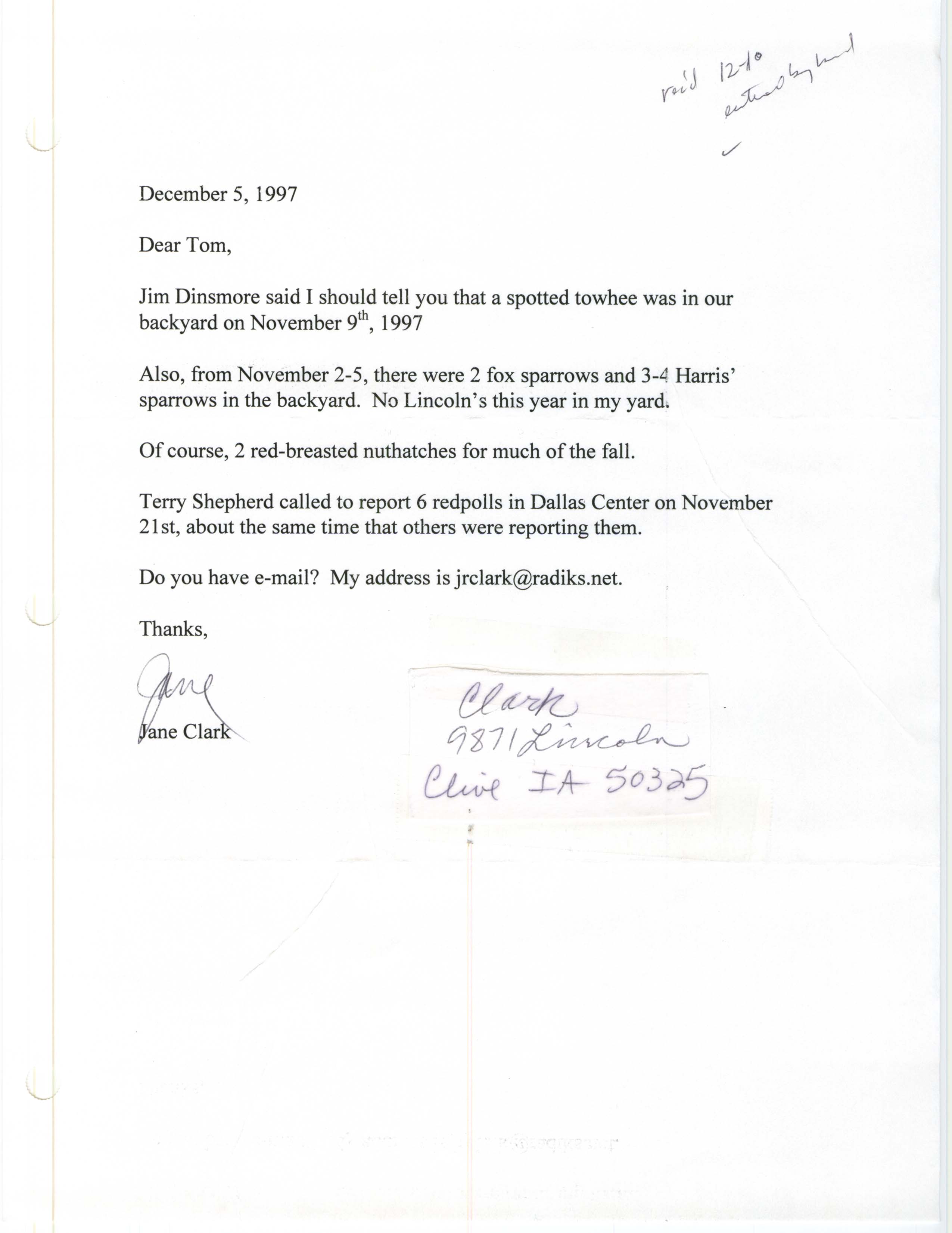 Jane Clark letter to Thomas H. Kent regarding fall bird sightings, December 5, 1997