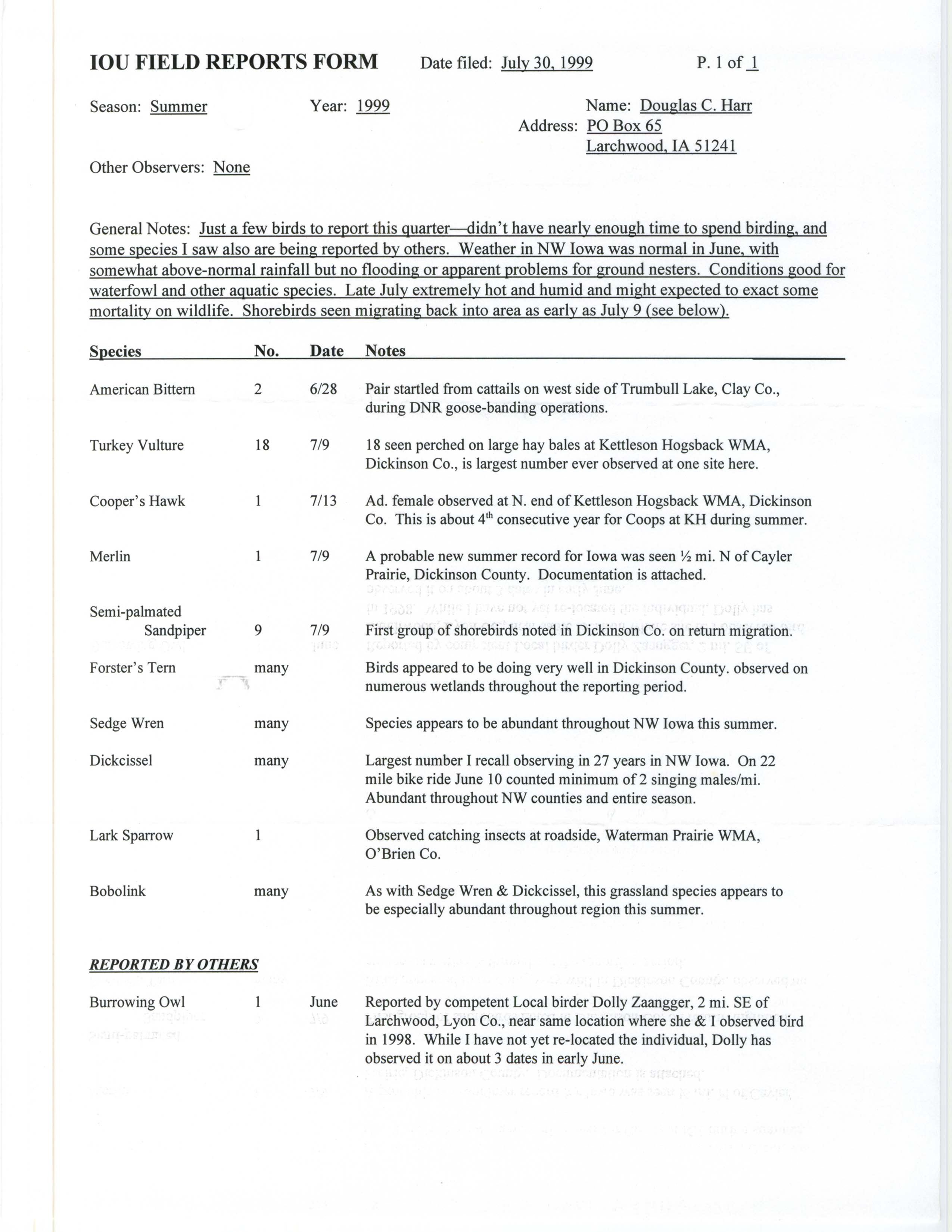 IOU field reports form, Douglas Harr, July 30, 1999