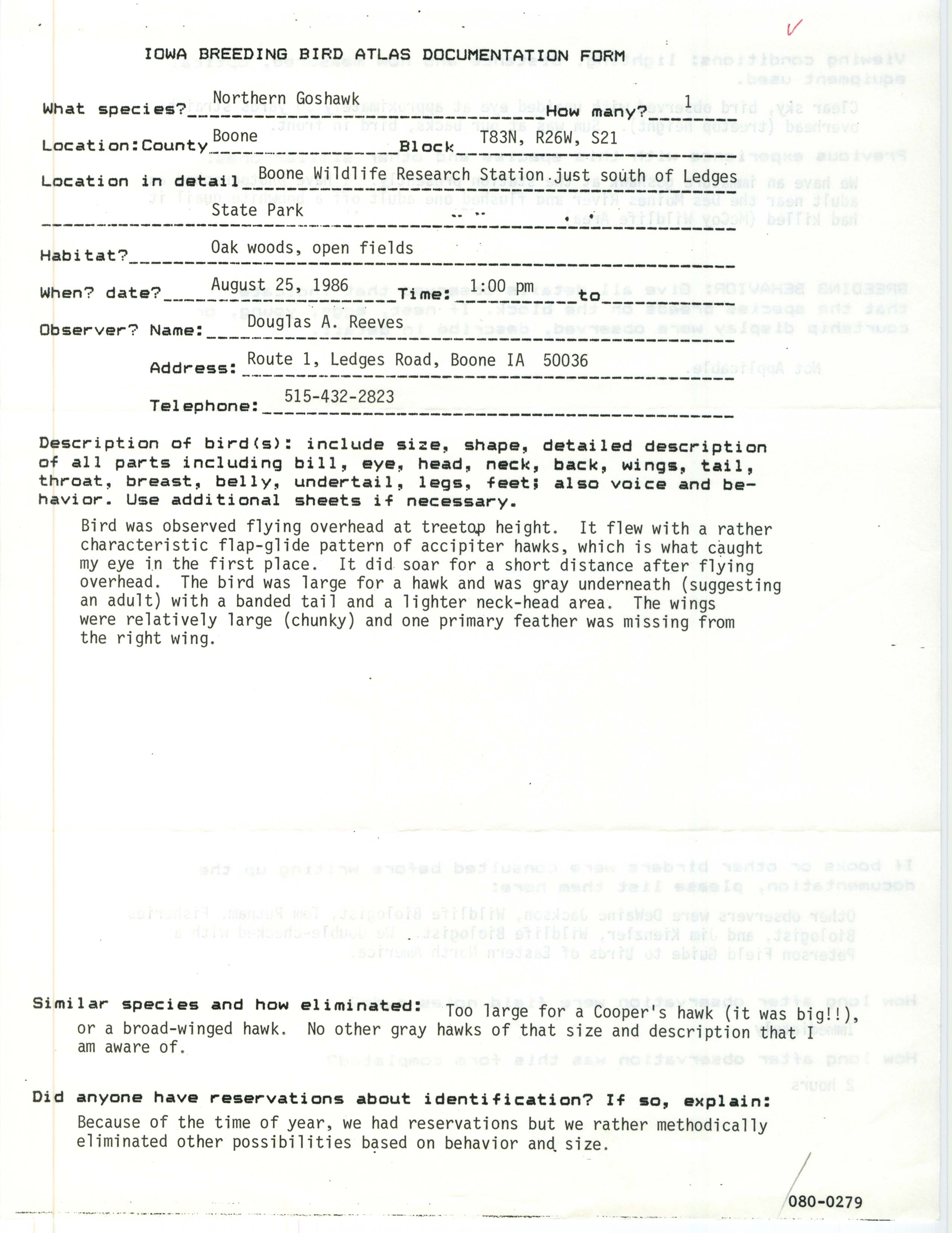 Rare bird documentation form for Northern Goshawk at Boone Wildlife Research Station, 1986