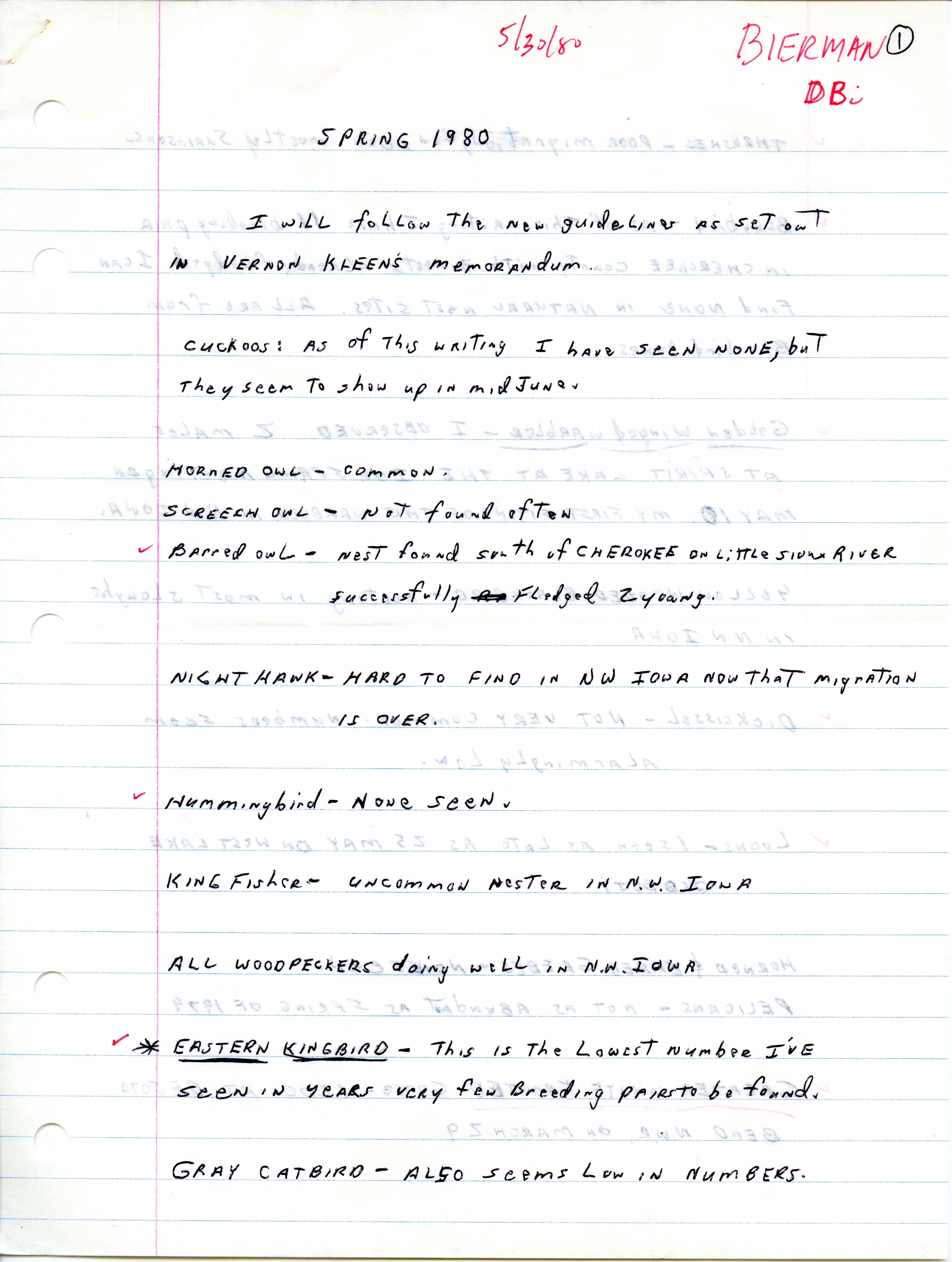 Field notes contributed by Dick Bierman, spring 1980