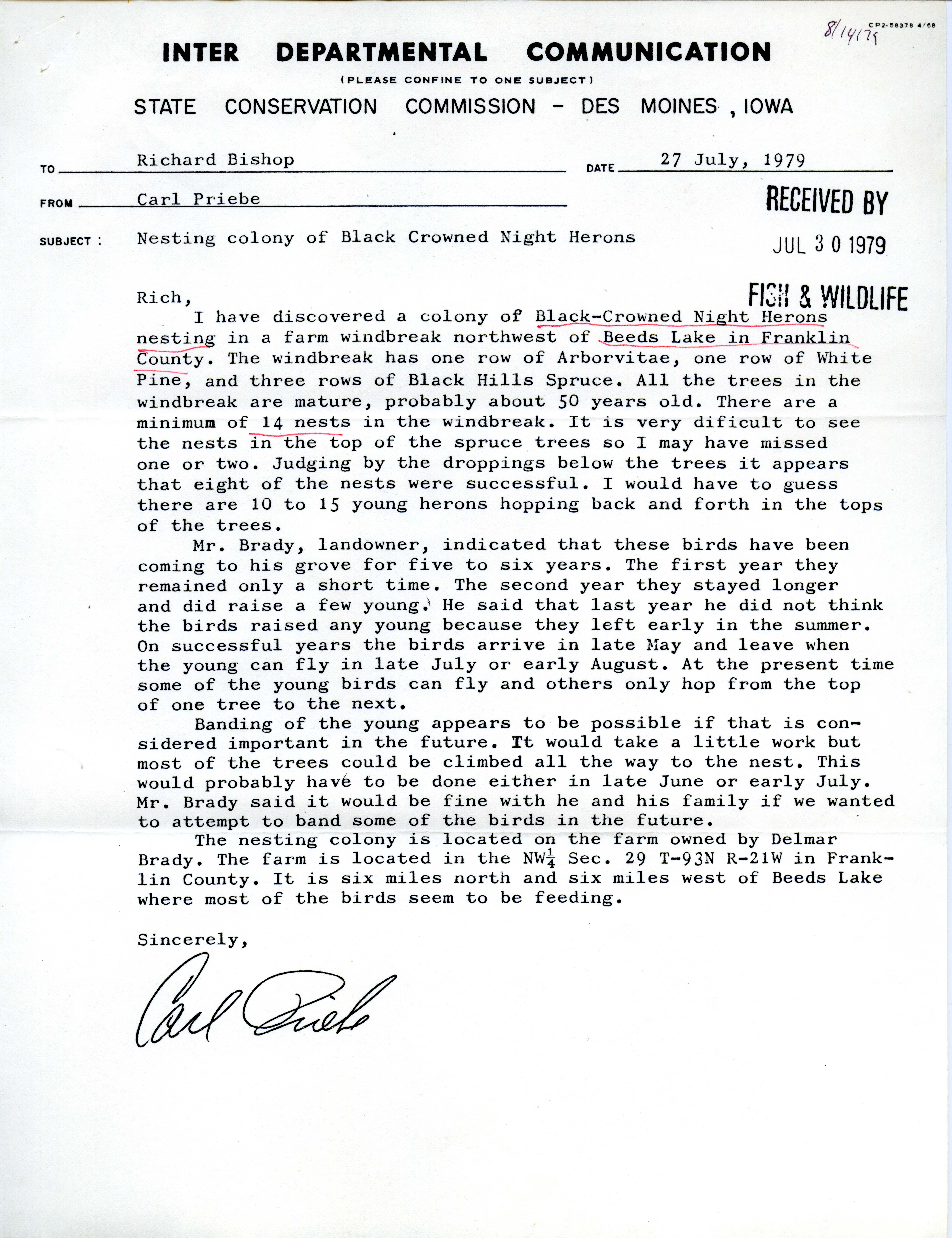 Carl Priebe letter to Richard Bishop regarding bird sightings, July 27, 1979