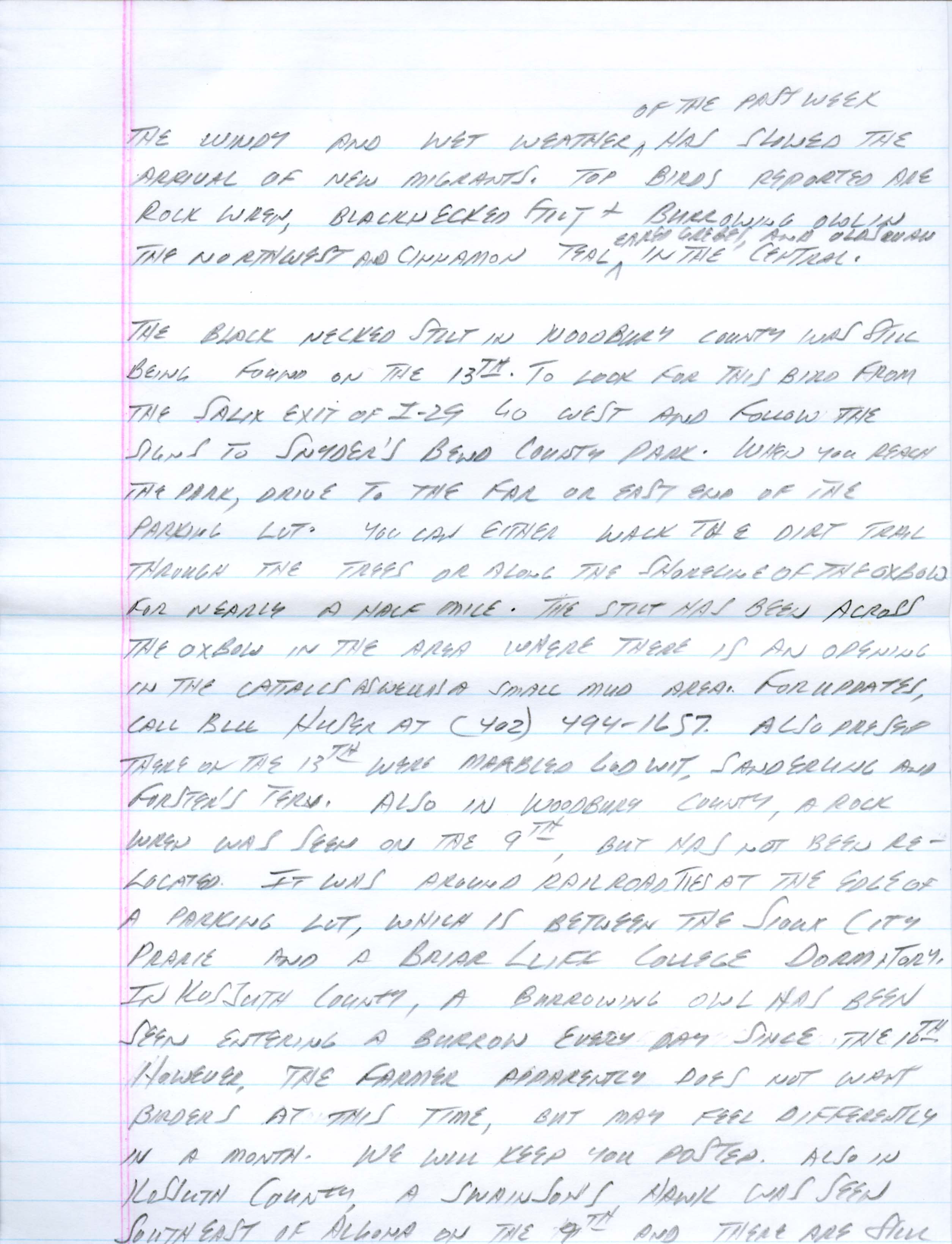 Iowa Birdline update, April 15, 1991 notes