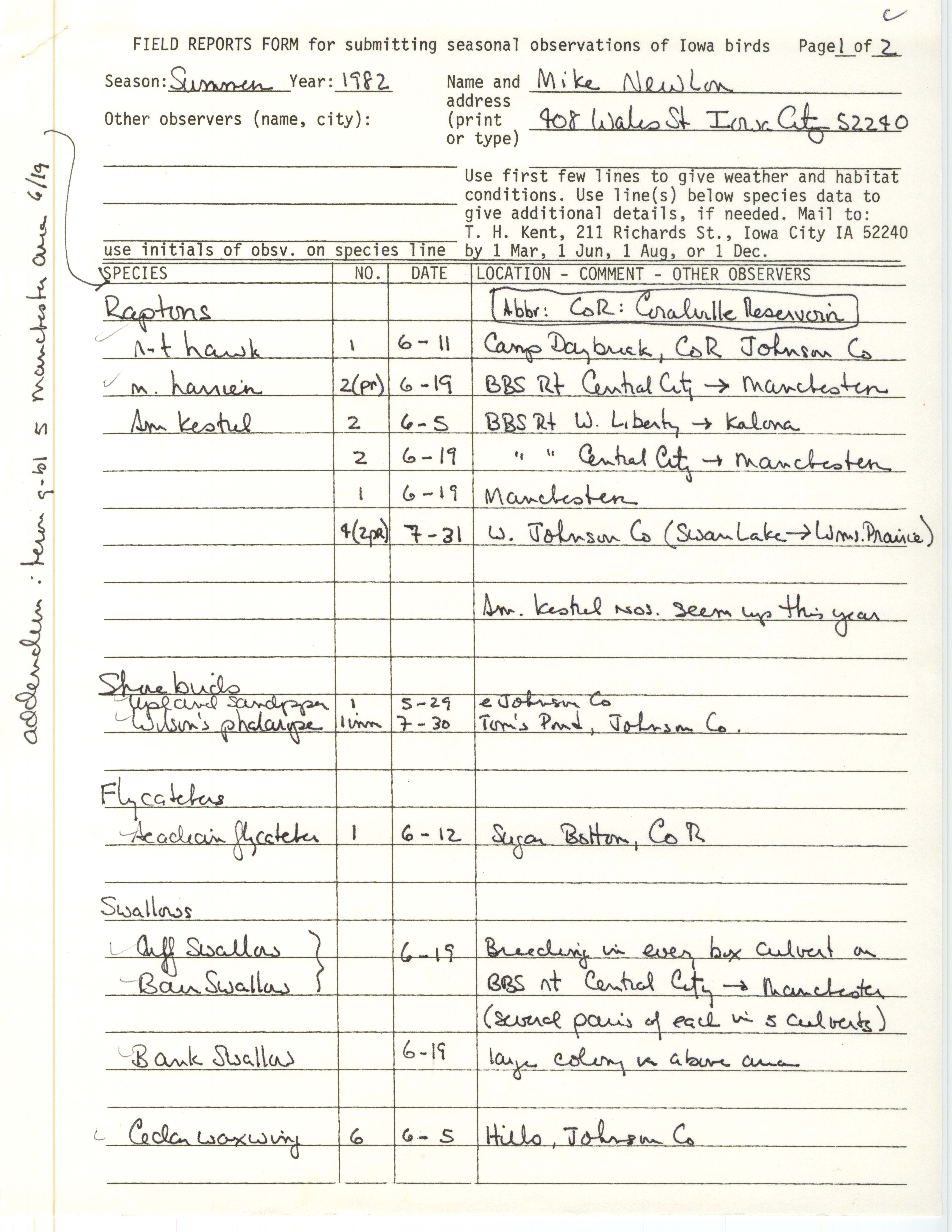 Field report contributed by Michael C. Newlon, summer 1982