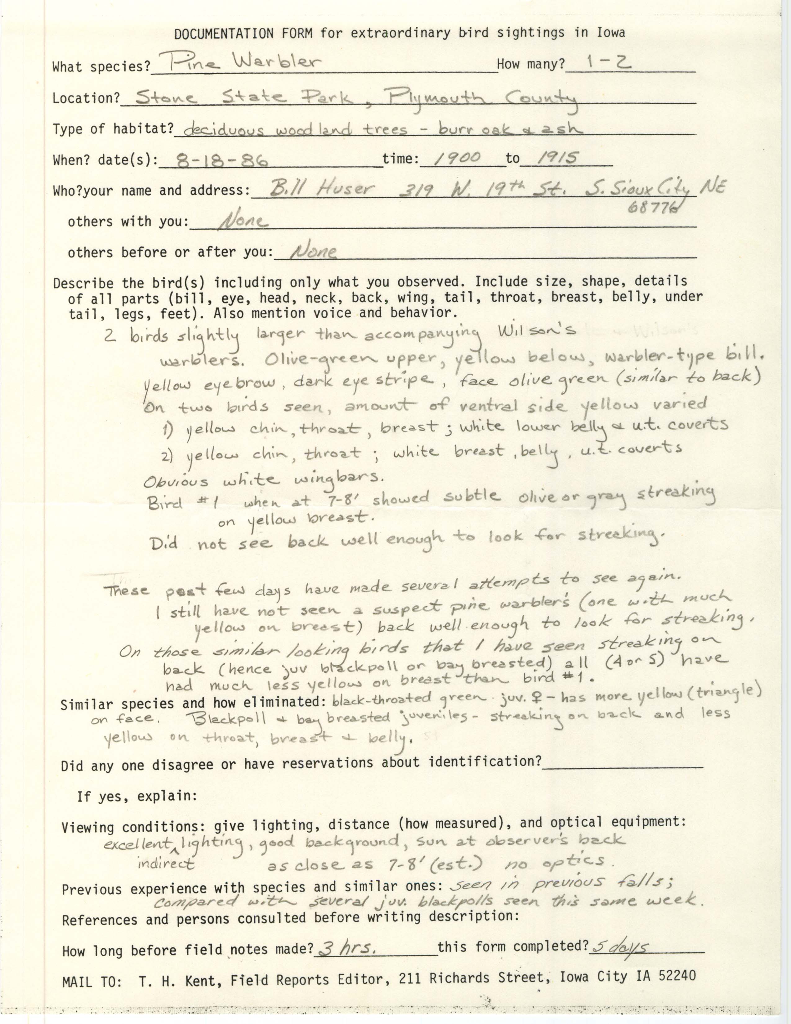 Rare bird documentation form for Pine Warbler at Stone State Park, 1986
