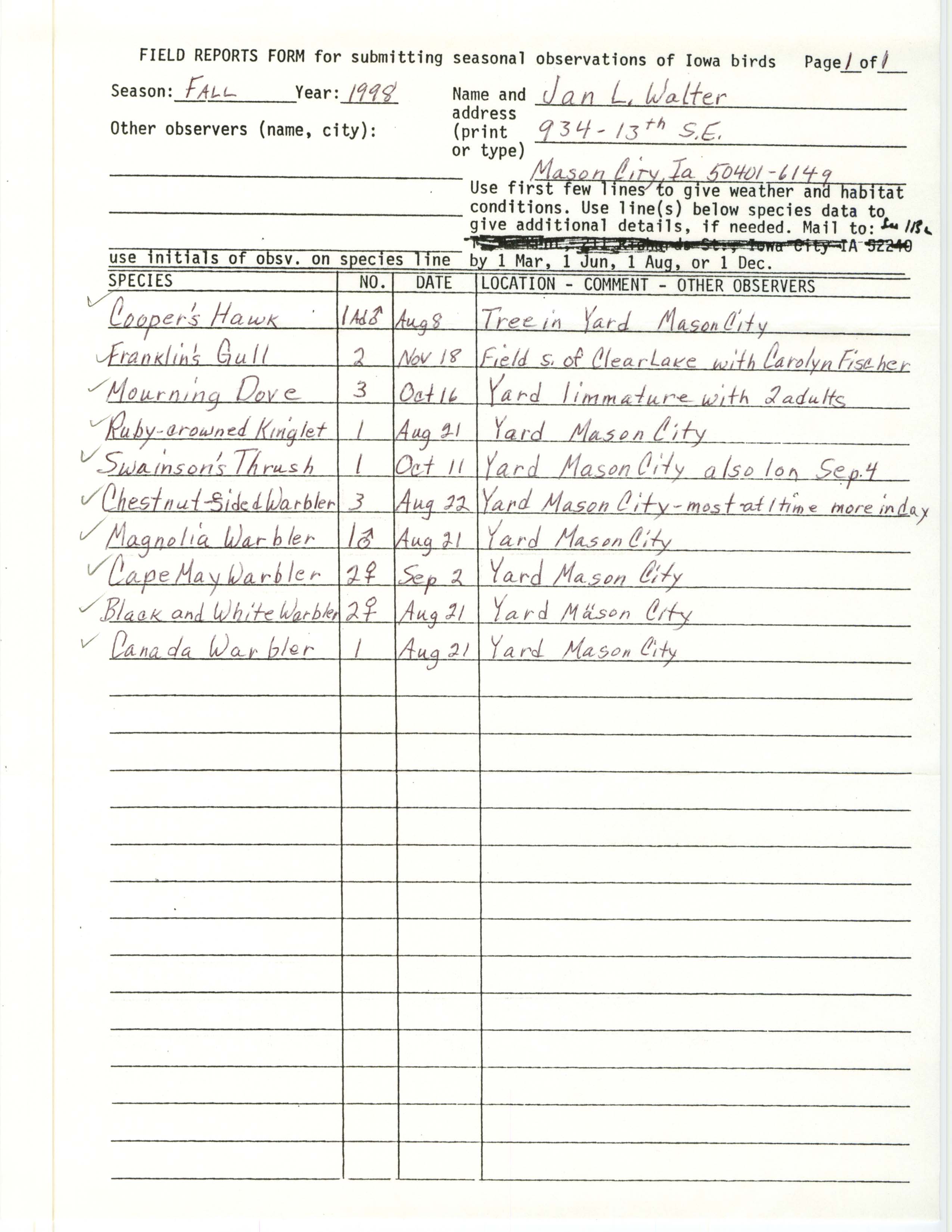 Field reports form for submitting seasonal observations of Iowa birds, Jan L. Walter, fall 1998