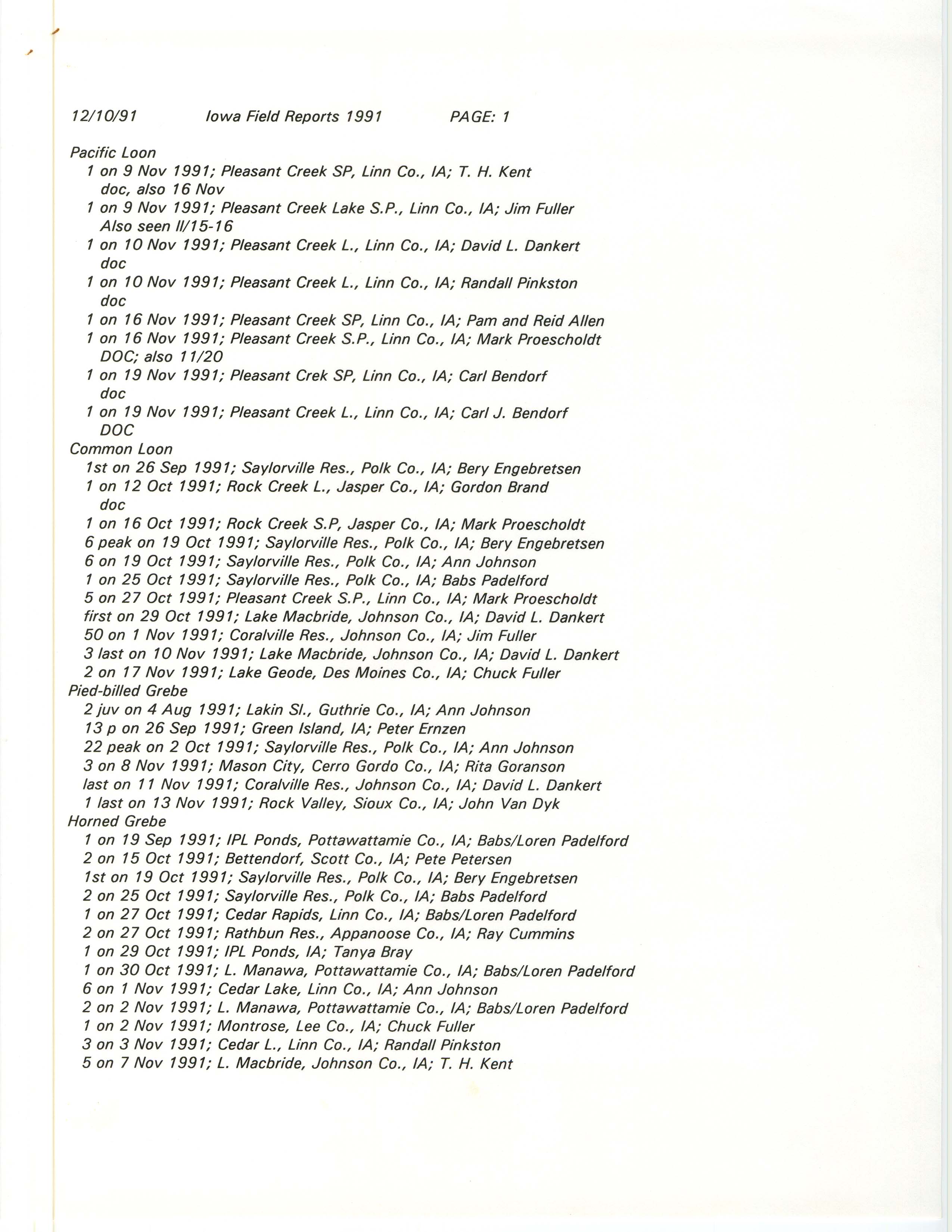 Iowa field reports 1991, December 10, 1991