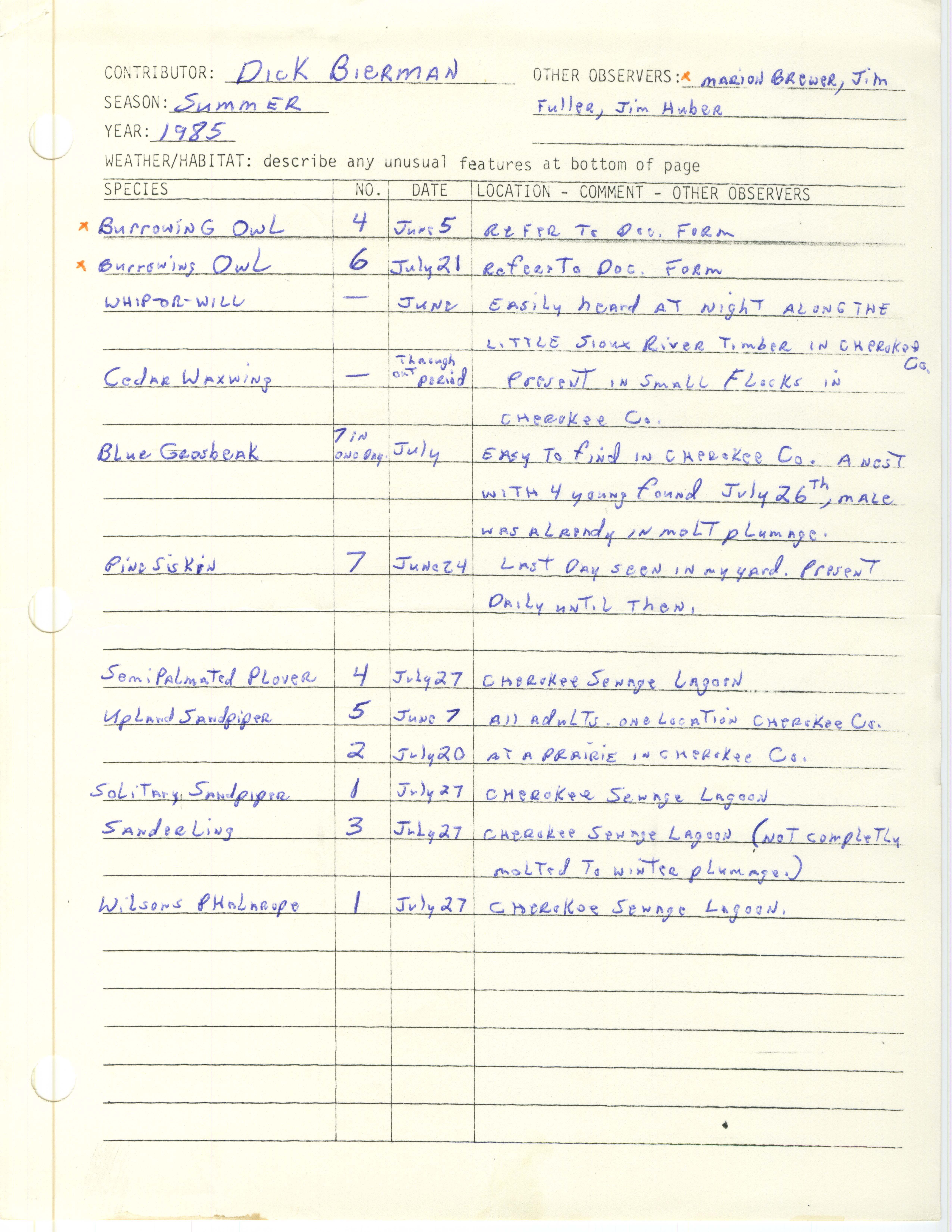 Field notes contributed by Dick Bierman, summer 1985
