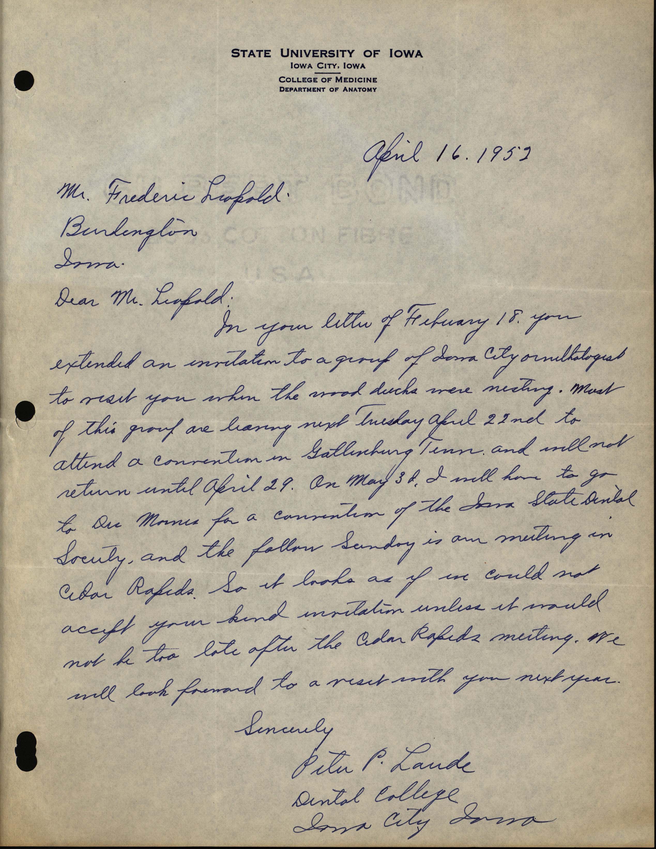 Peter P. Laude letter to Frederic Leopold regarding an invitation to view nesting Wood Ducks, April 16, 1952