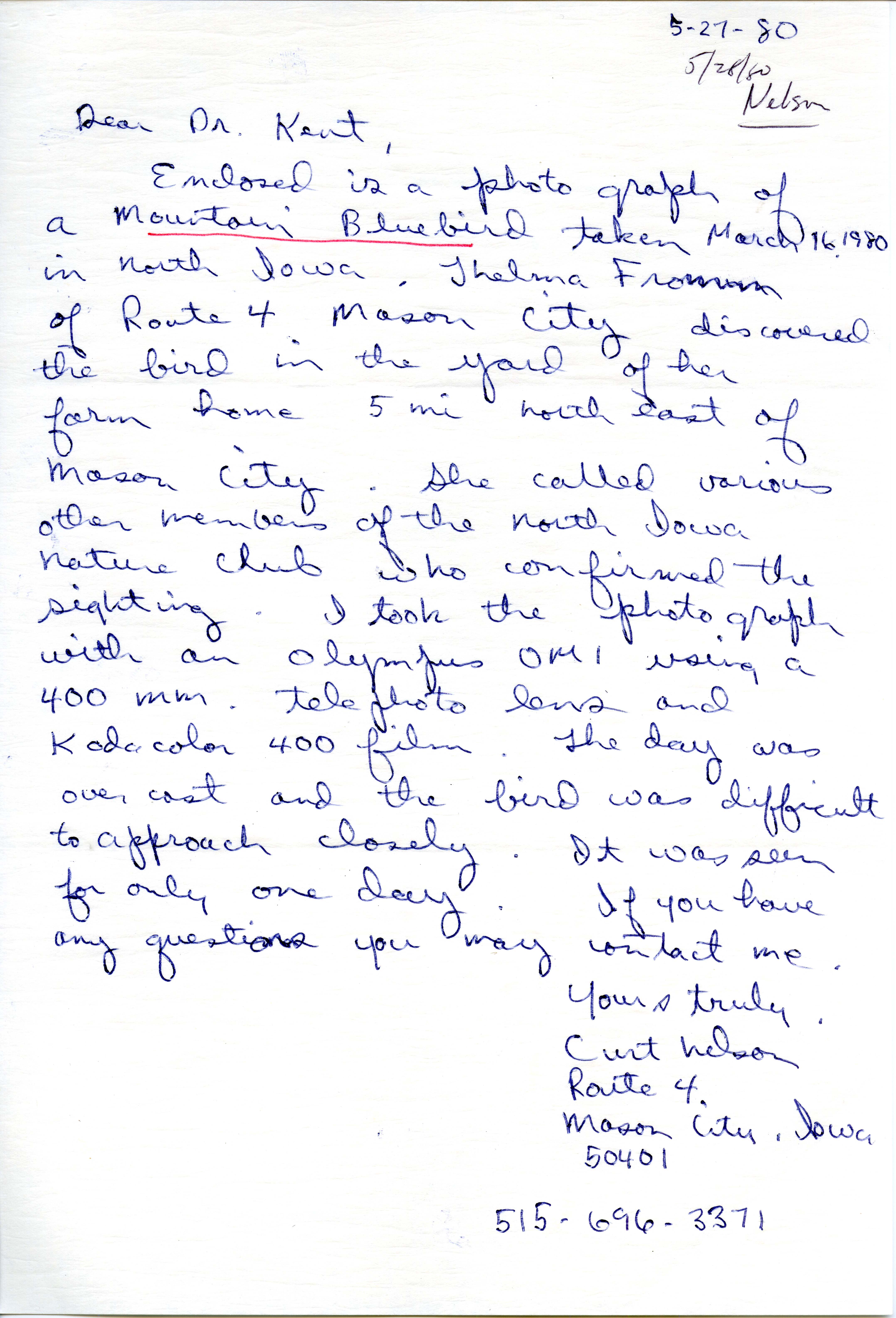 Curt Nelson letter to Thomas H. Kent regarding a bird sighting, May 27, 1980