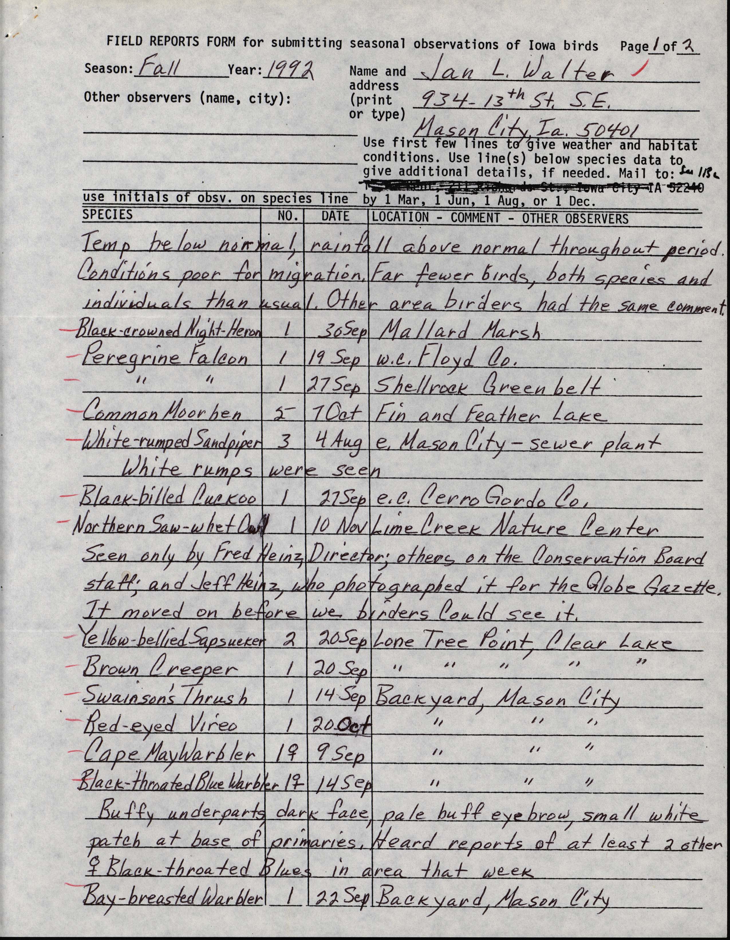 Field reports form for submitting seasonal observations of Iowa birds, Jan L. Walter, fall 1992