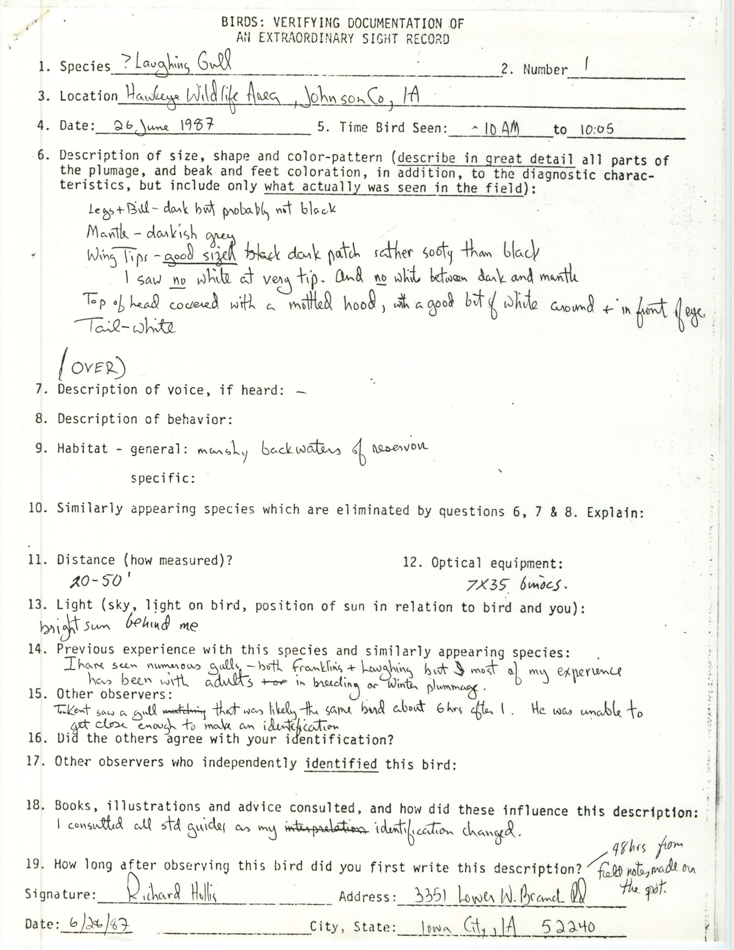 Birds: verifying documentation of an extraordinary sight record submitted by Richard Hollis, June 26, 1987