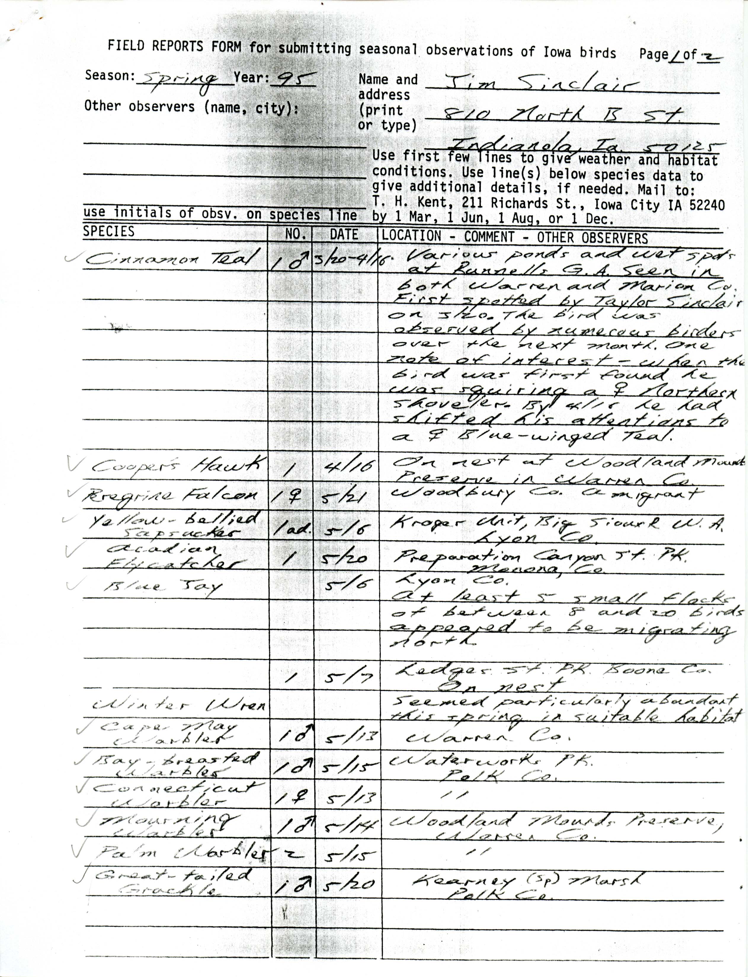 Field reports form for submitting seasonal observations of Iowa birds, spring 1995, Jim Sinclair