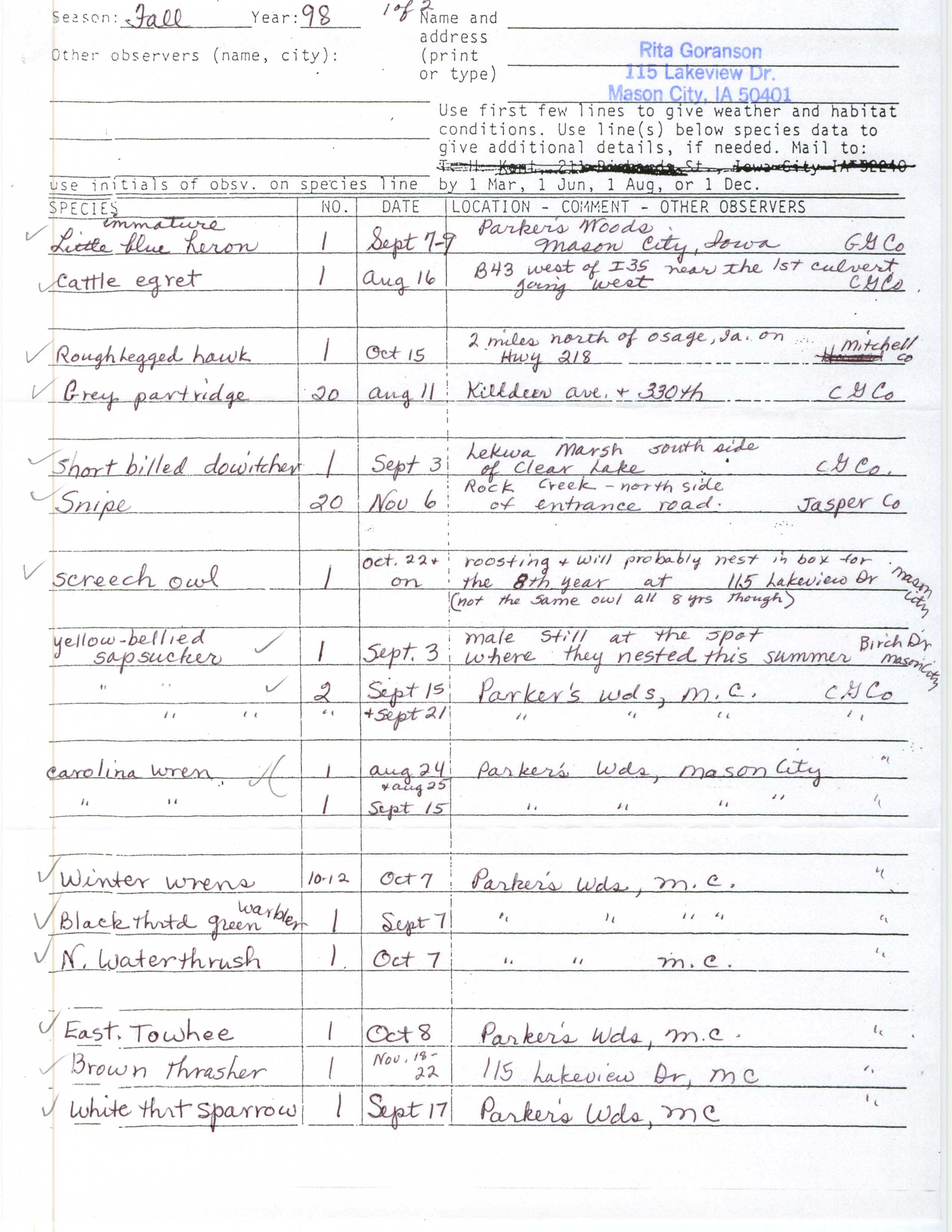 Field reports form for submitting seasonal observations of Iowa birds, Rita Goranson, fall 1998