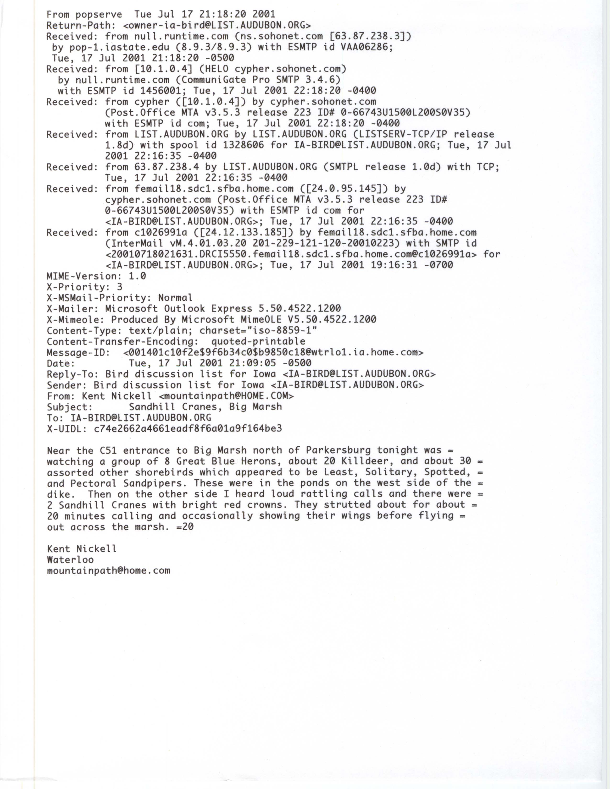 Kent Nickell email to IA-BIRDS mailing list regarding bird sightings, July 17, 2001