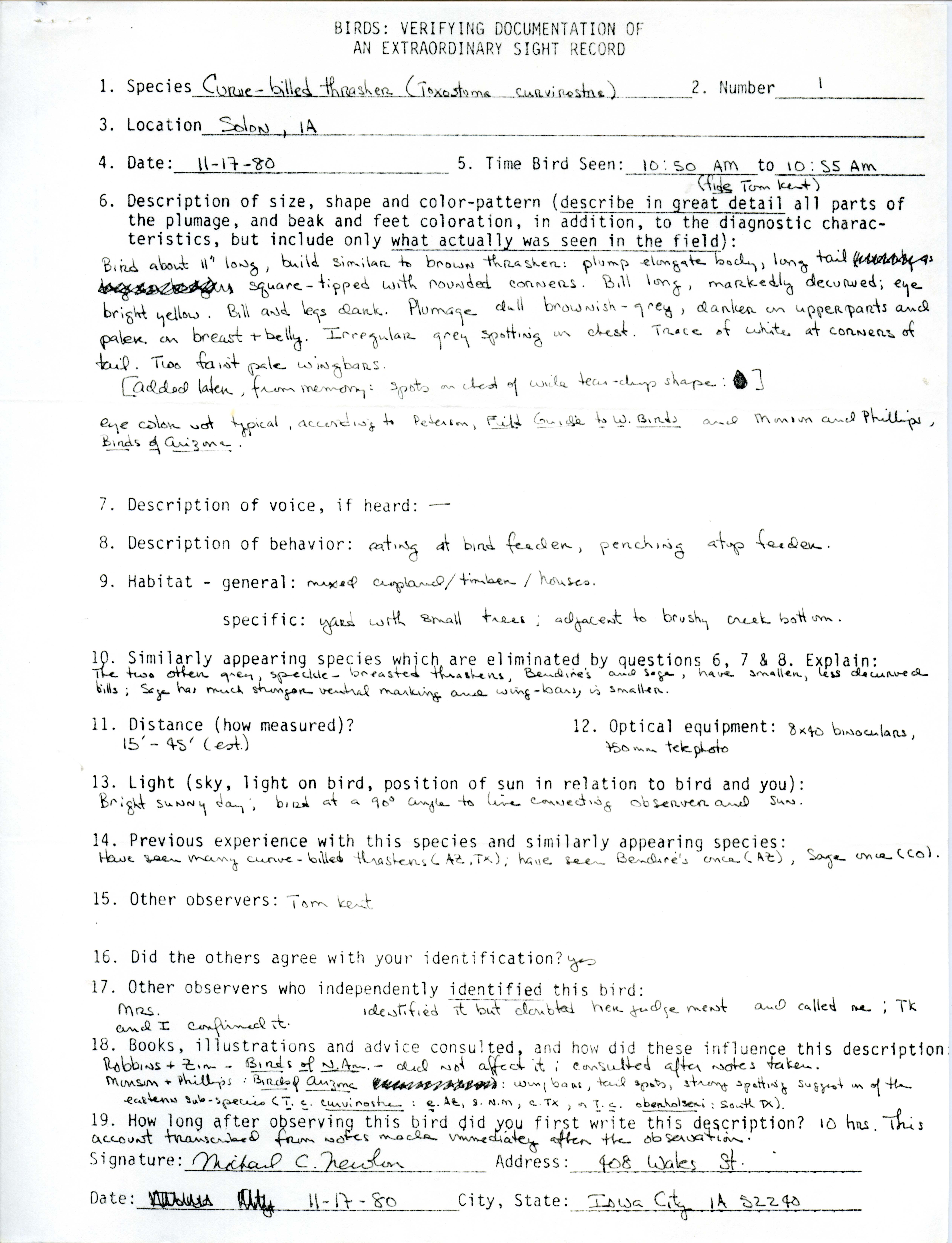 Verifying documentation form for Curve-billed Thrasher sighting submitted by Michael C. Newlon, November 17 1980