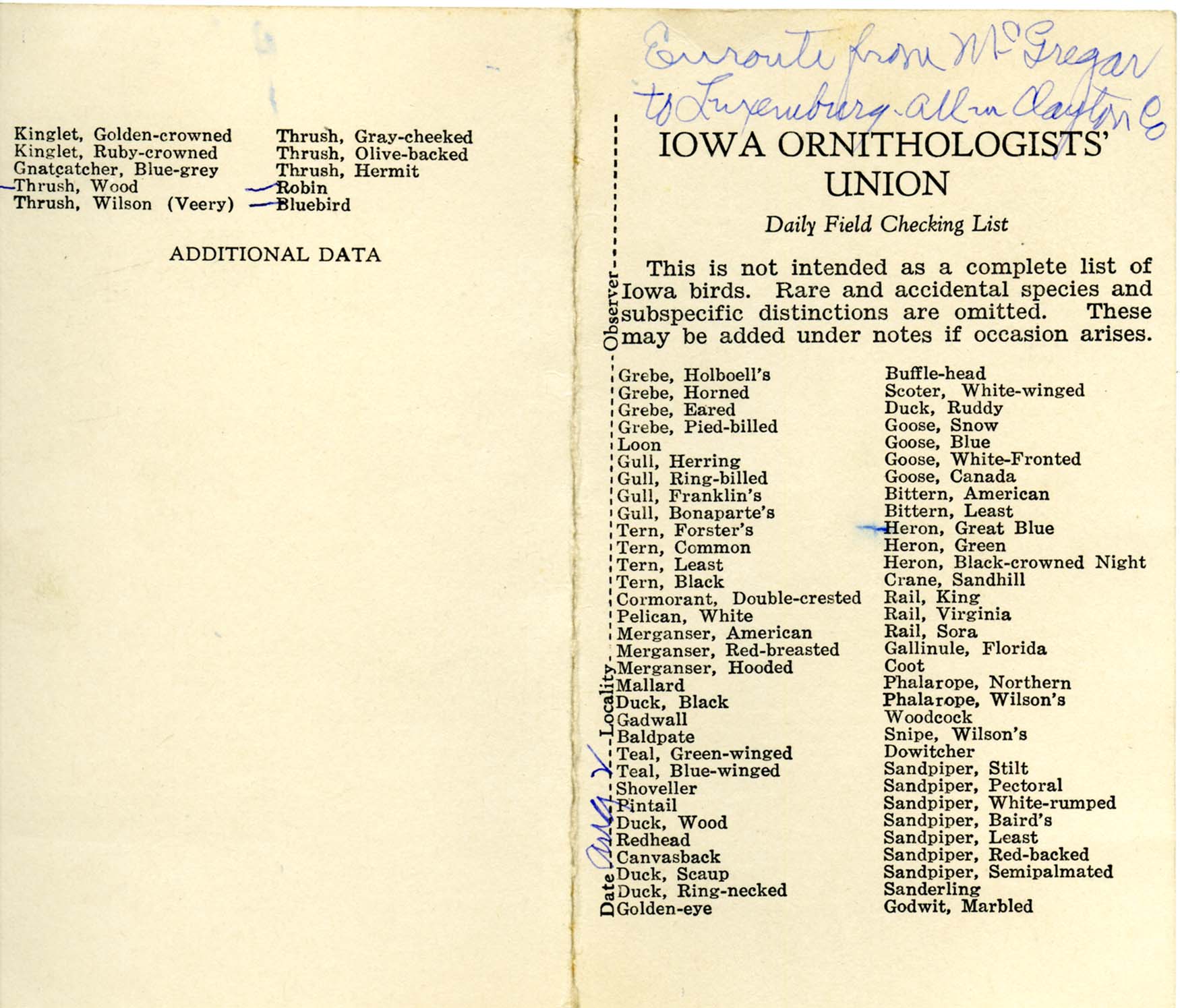 Daily field checking list, Walter Rosene, August 2, 1935