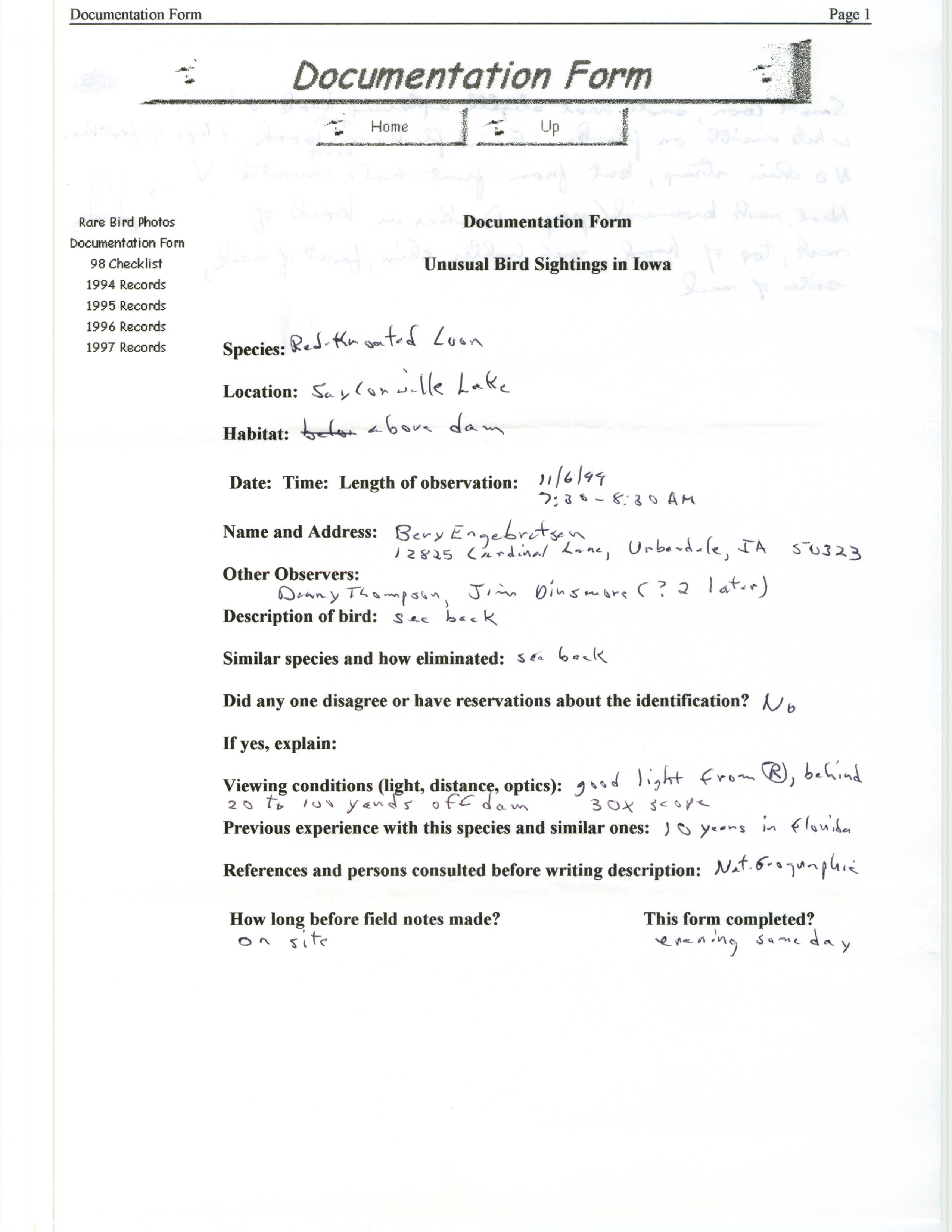 Rare bird documentation form for Red-throated Loon at Saylorville Lake, 1999