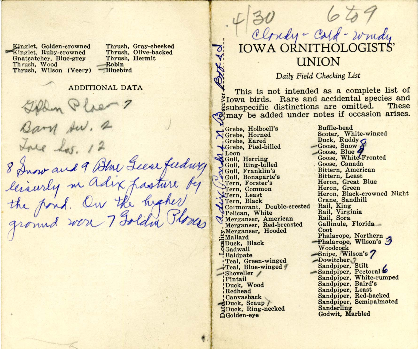 Daily field checking list, Walter Rosene, April 30, 1932