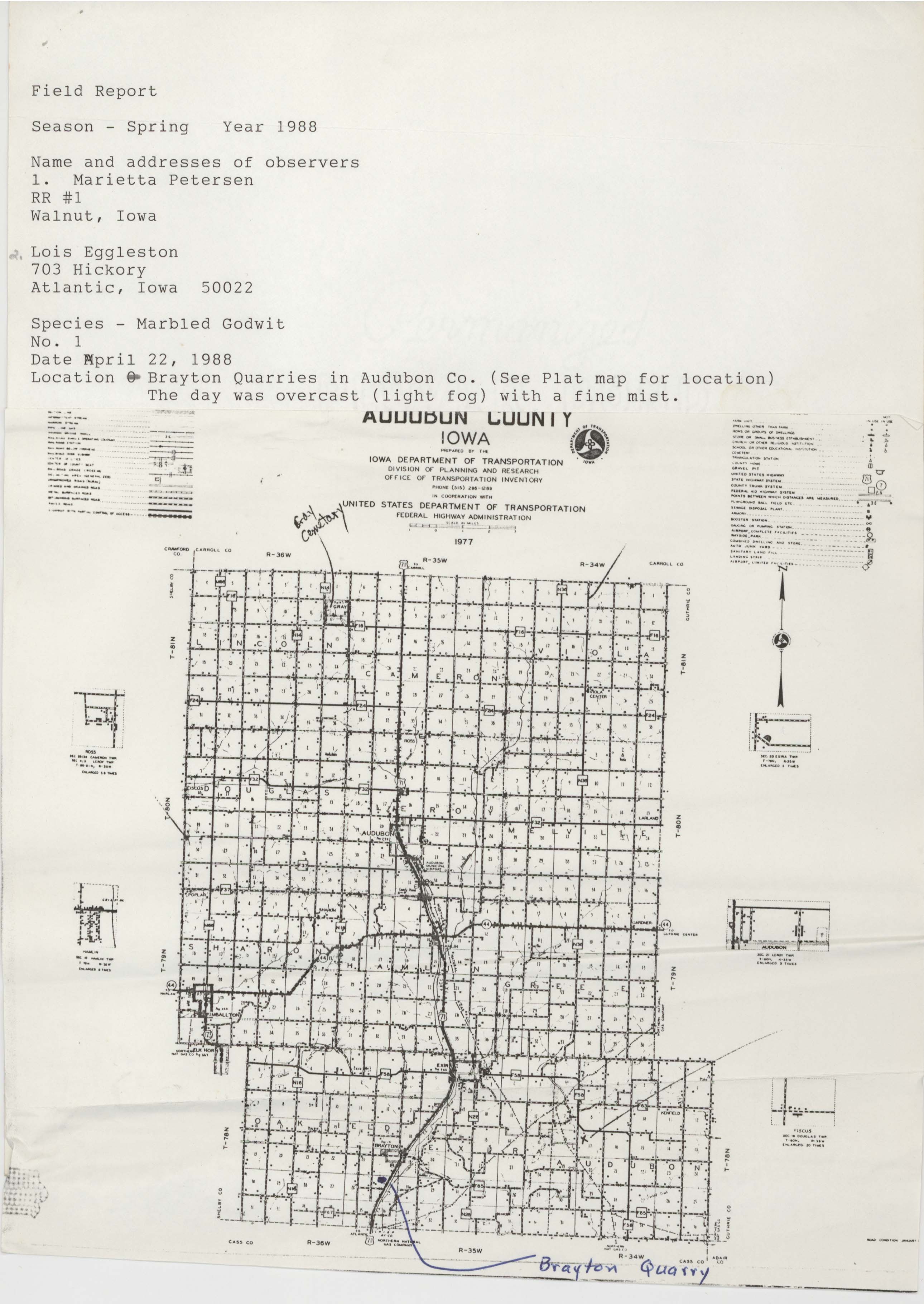 Maps of Audubon County and Cass County with Marbled Godwit and Great Egret locations, contributed by Marietta Petersen and Lois Eggleston, spring 1988