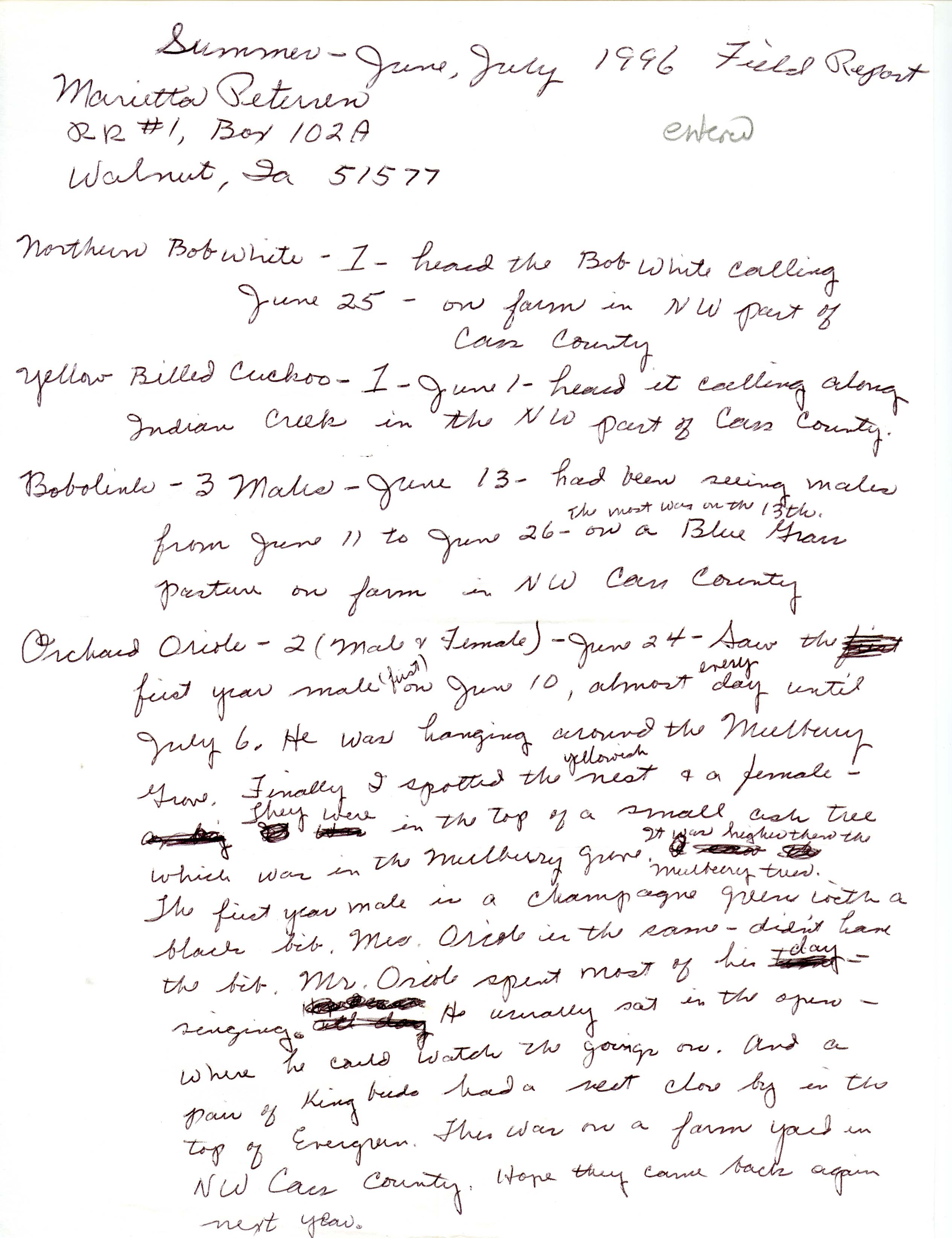 Field notes contributed by Marietta Petersen, summer 1996
