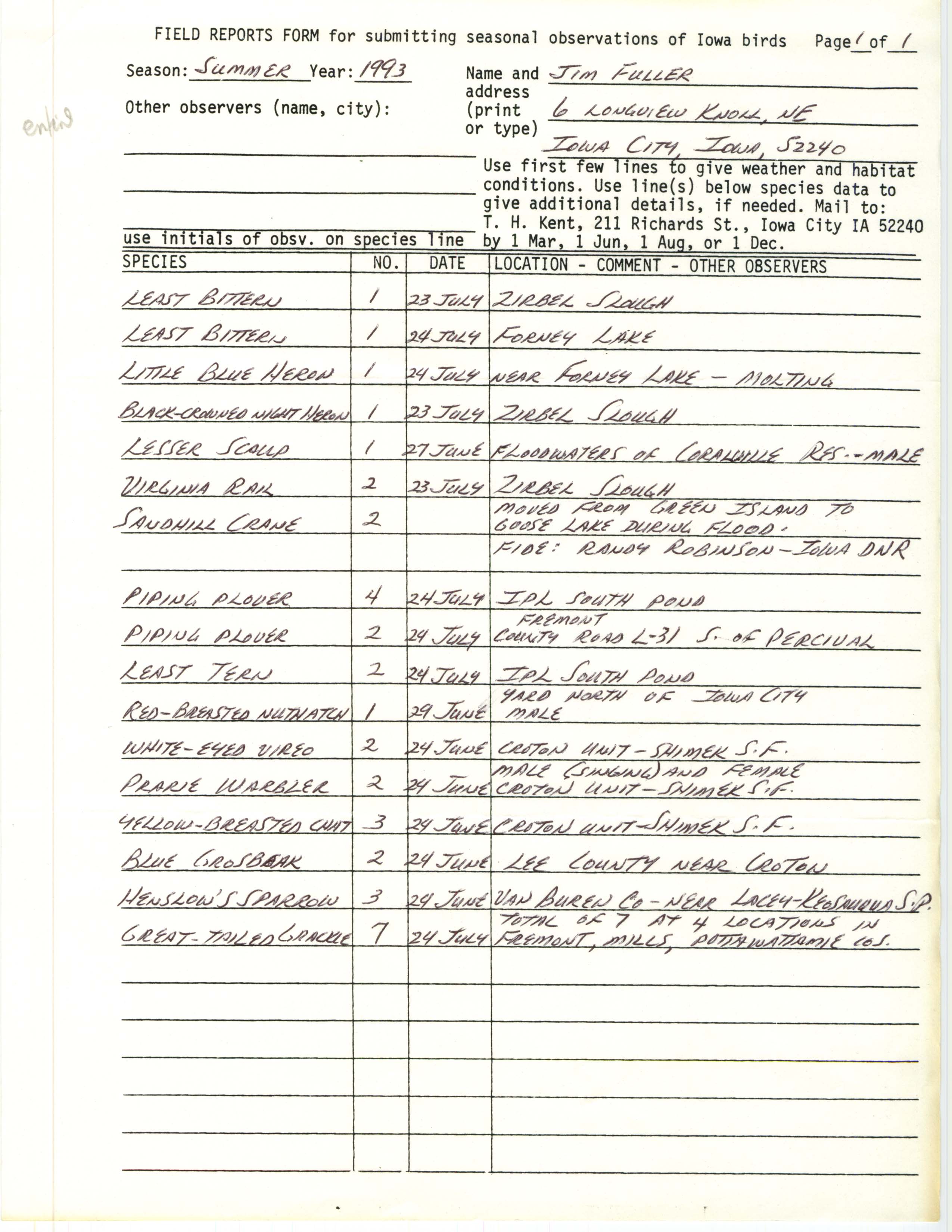 Field reports form for submitting seasonal observations of Iowa birds, James L. Fuller, summer 1993
