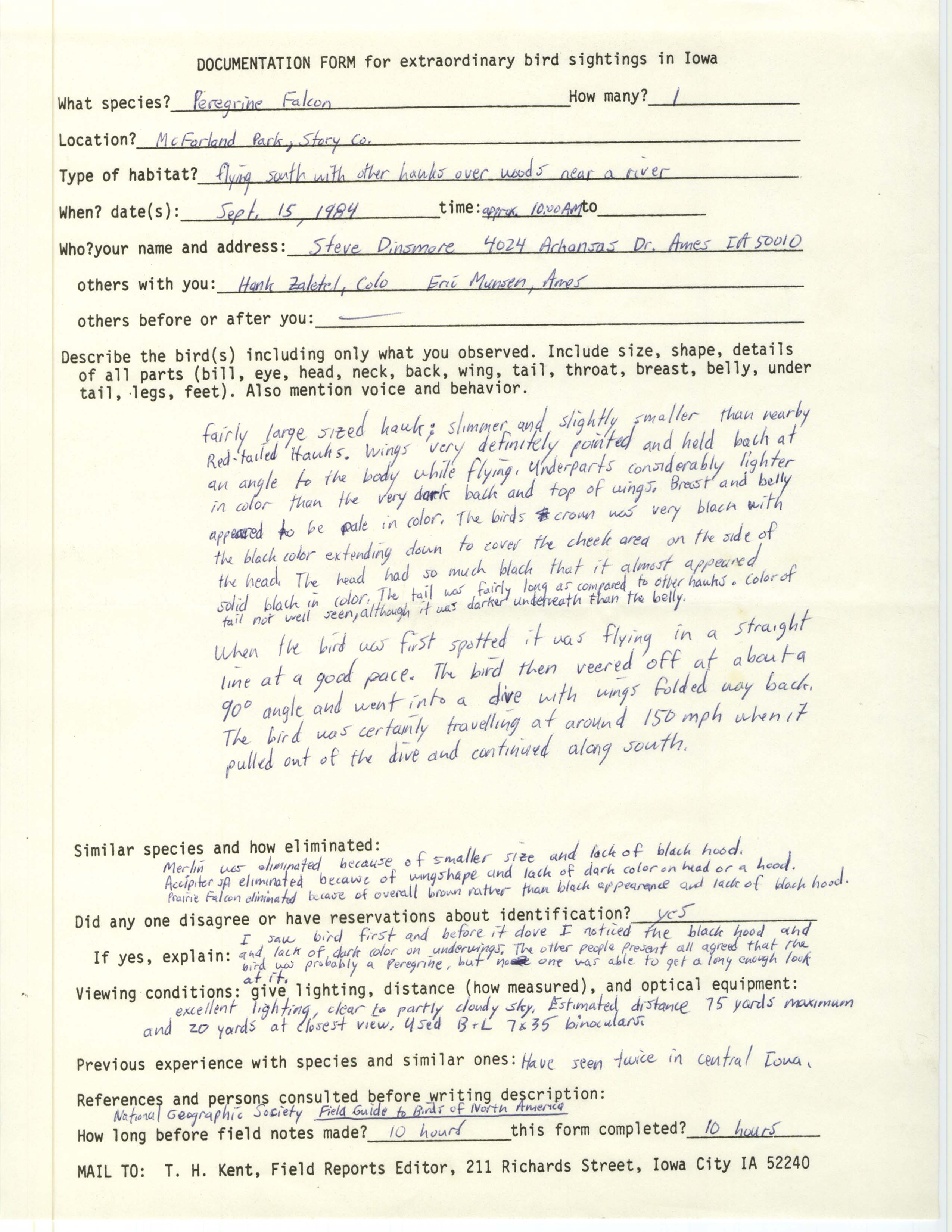 Rare bird documentation form for Peregrine Falcon at McFarland Park, 1984