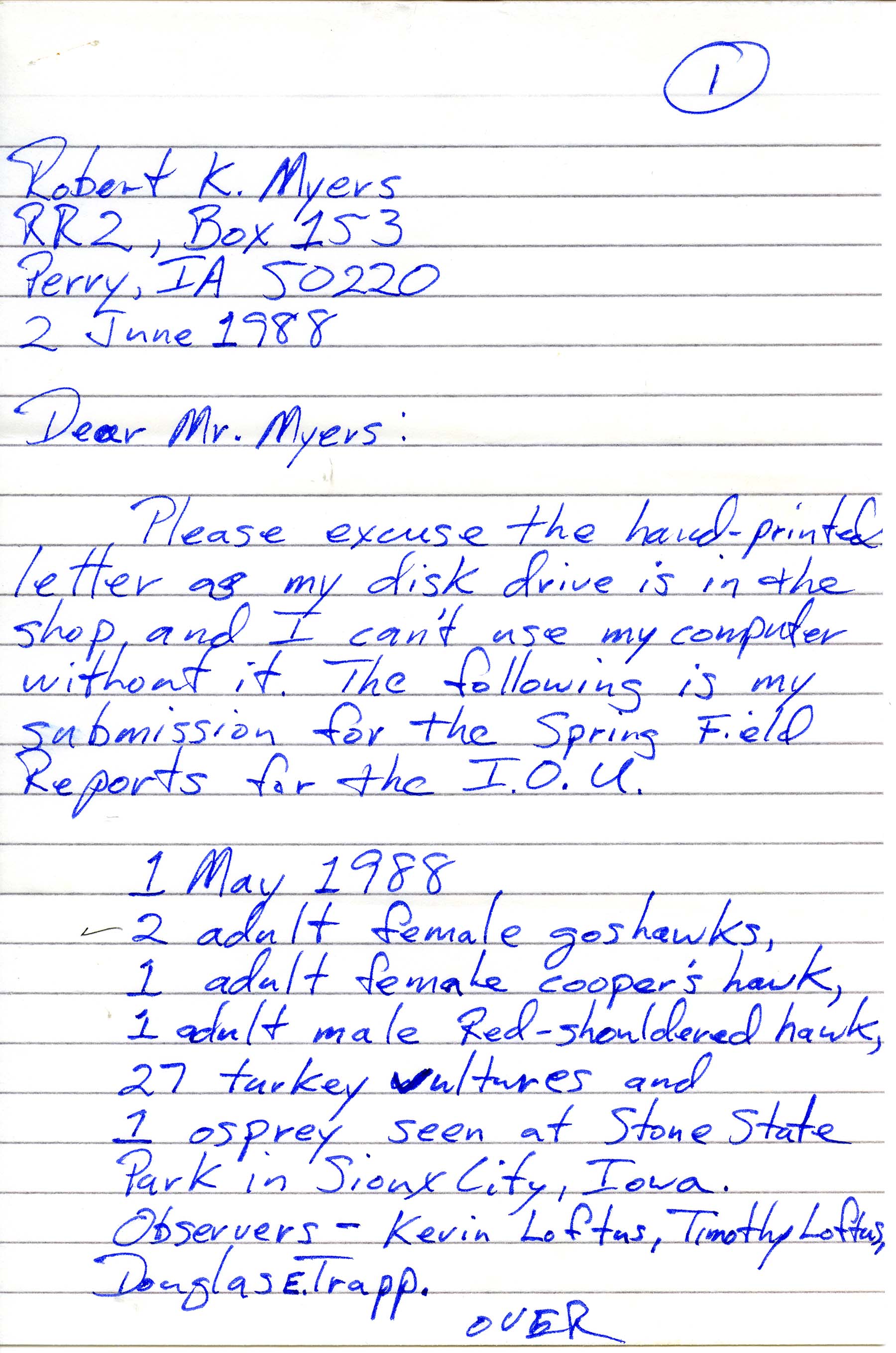 Douglas E. Trapp letter to Robert K. Myers regarding bird sightings, June 2, 1988