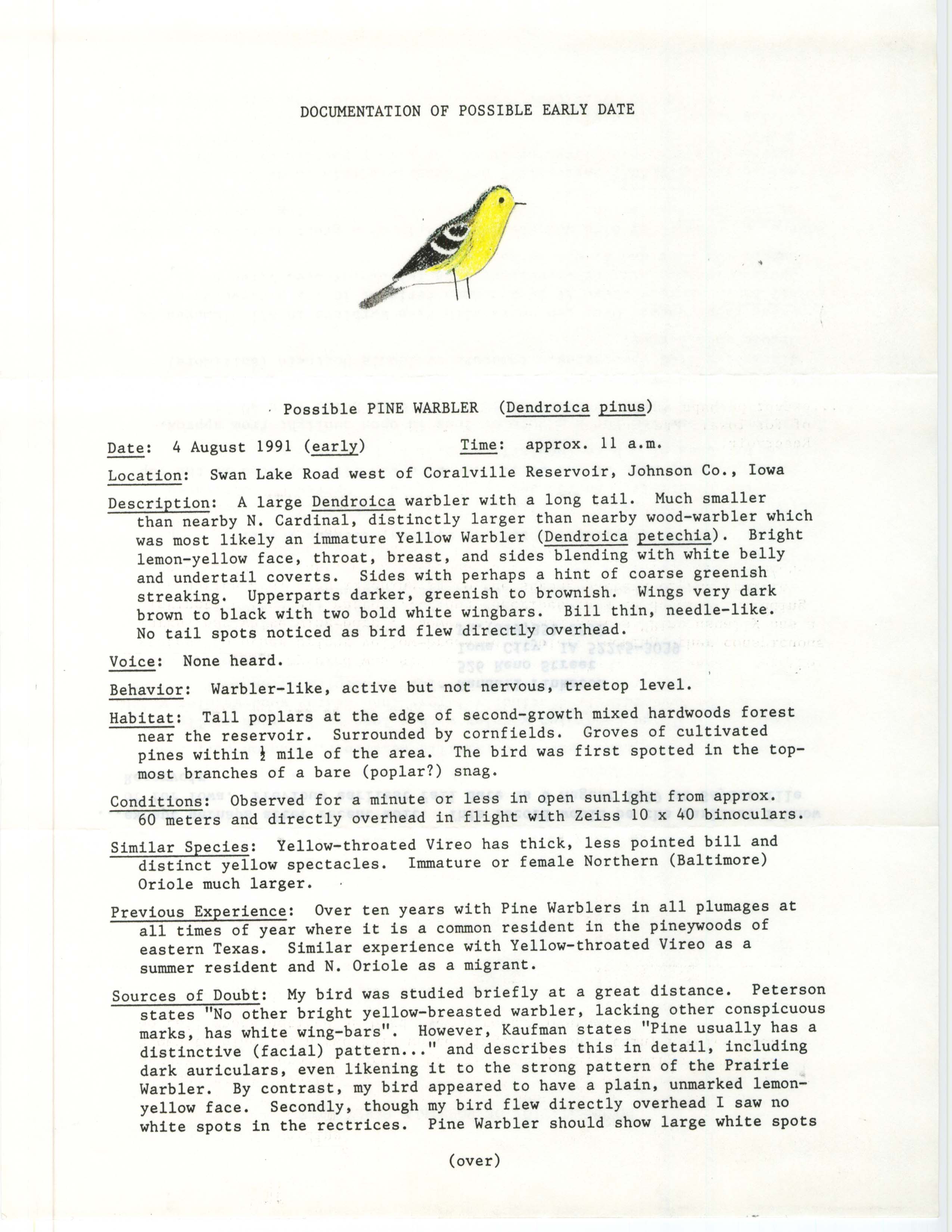 Rare bird documentation form for Pine Warbler west of Coralville Reservoir, 1991